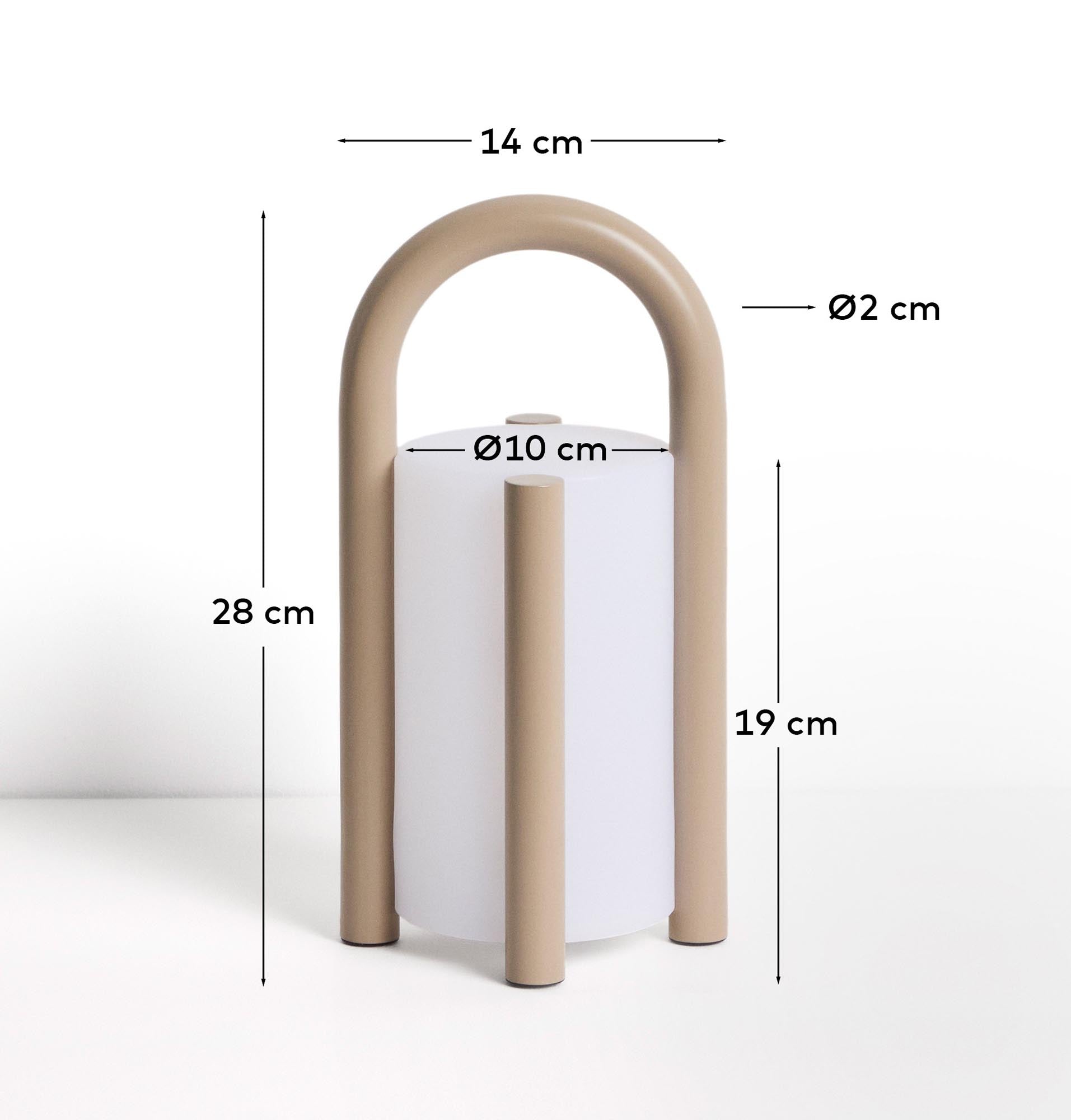 Elegante tragbare Tischlampe Leros, gefertigt aus langlebigem Polyethylen und taupefarbenem Stahl, ideal für stimmungsvolle Abende im Freien.