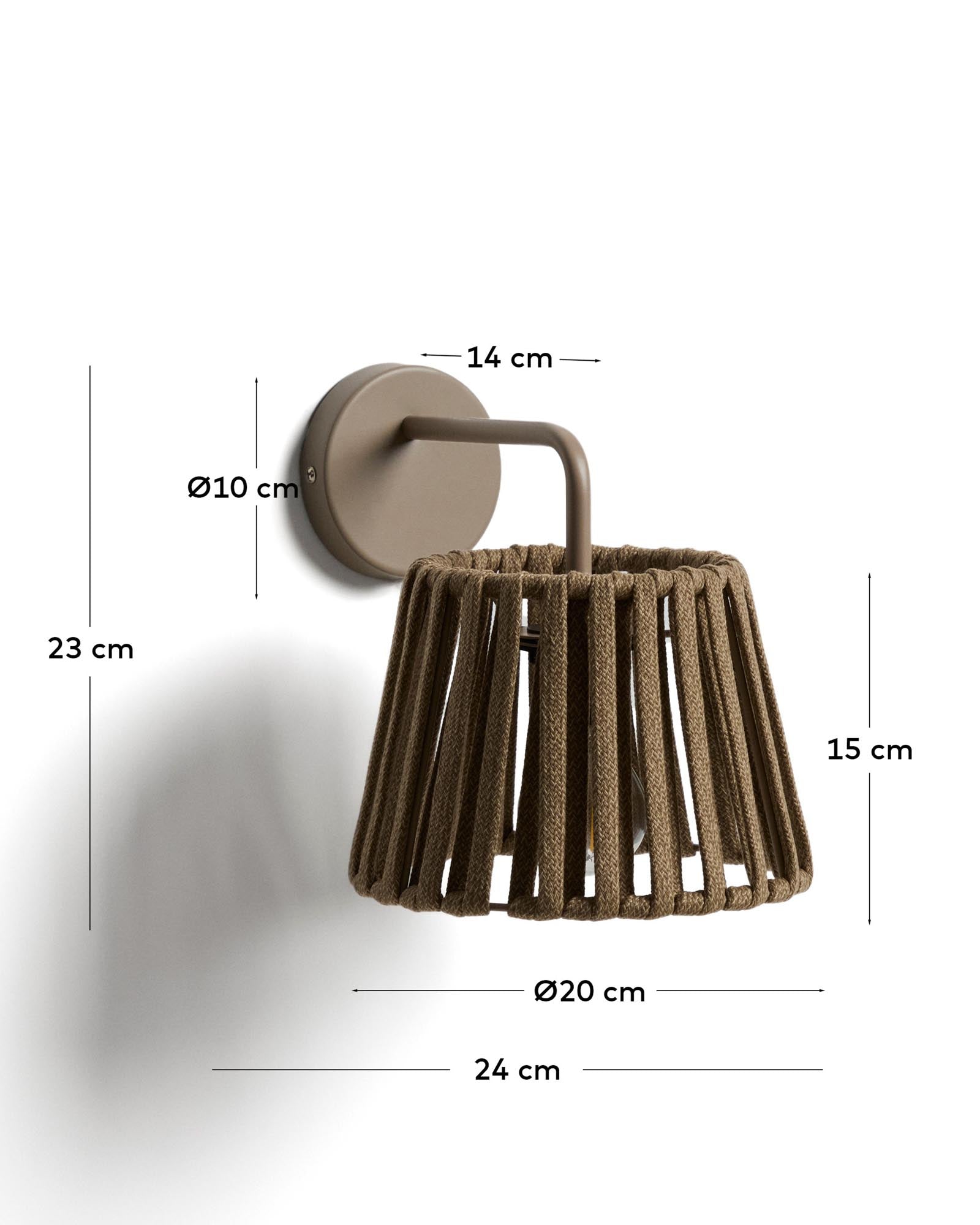 Moderne Outdoor-Wandleuchte Aldet aus robustem Seil und elegantem beigem Metall, perfekt für stimmungsvolle Beleuchtung im Außenbereich.