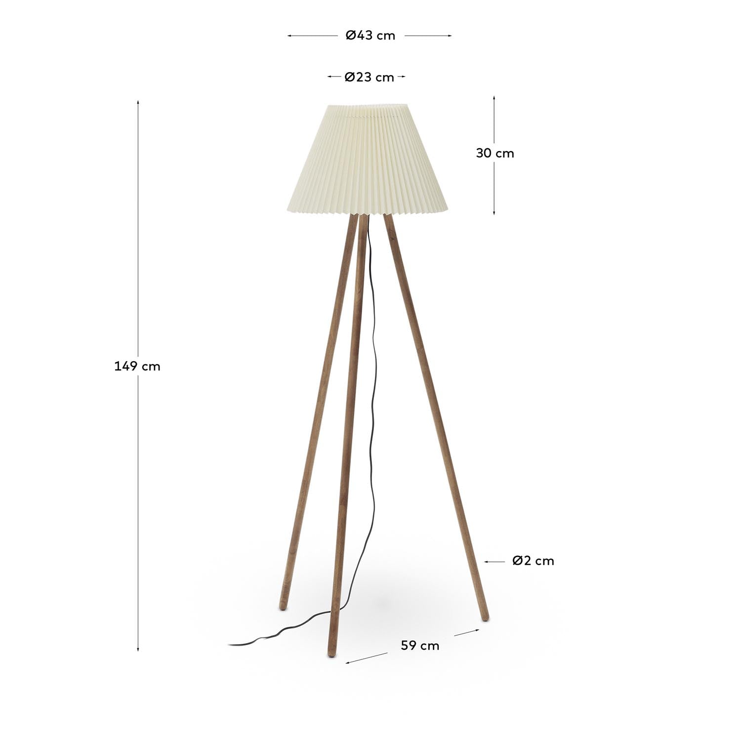 Elegante Stehlampe aus Kautschukholz mit beigem Schirm von Kave Home.