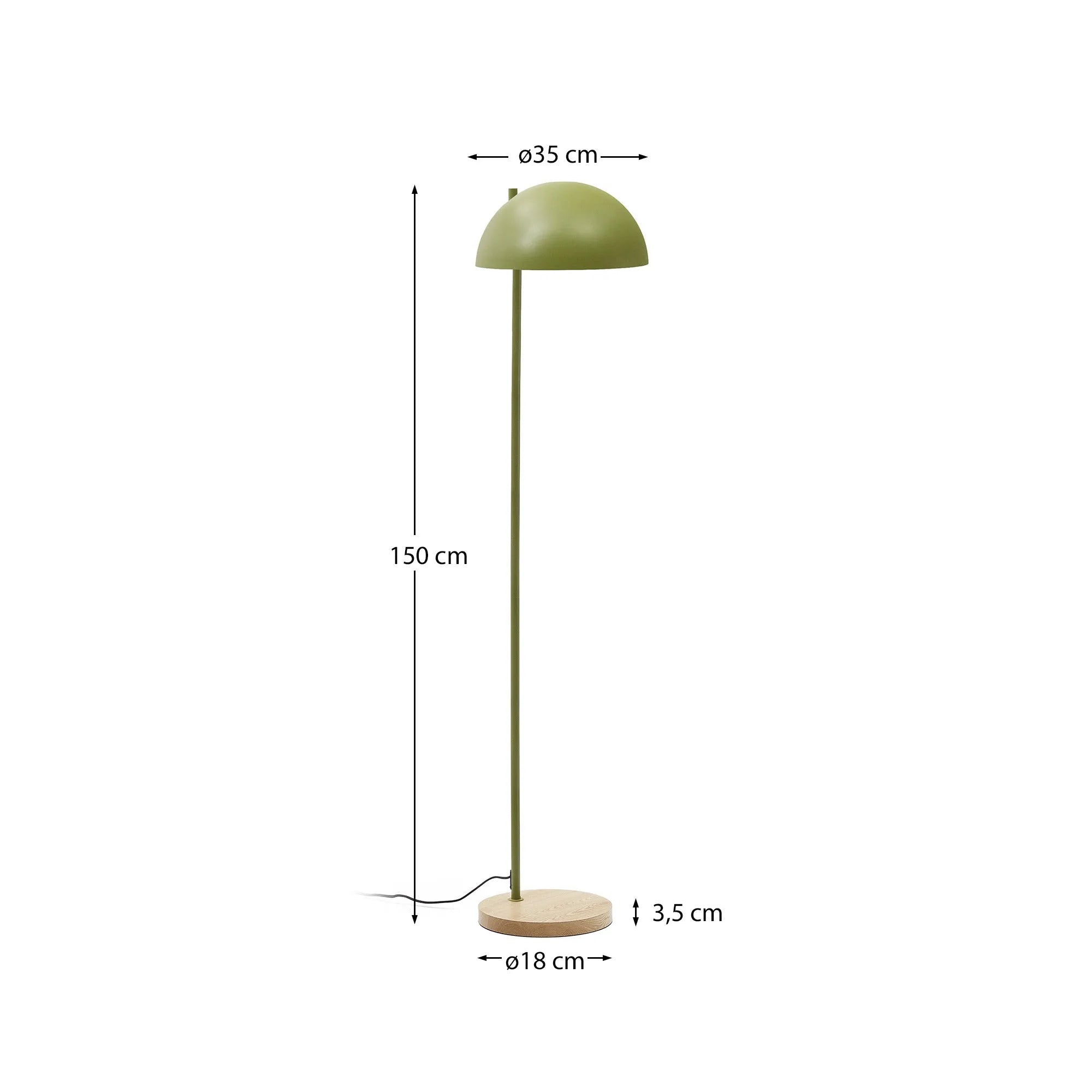 Elegante Stehlampe aus Eschenholz und grünem Metall, die modernes Design und Funktionalität vereint.