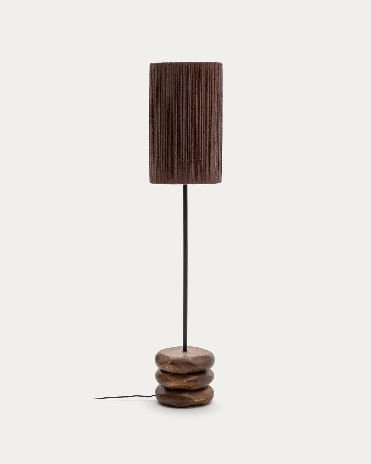 Elegante Stehlampe aus Akazienholz mit dunklem Finish und Juteschirm, ideal für stilvolle und natürliche Wohnräume.