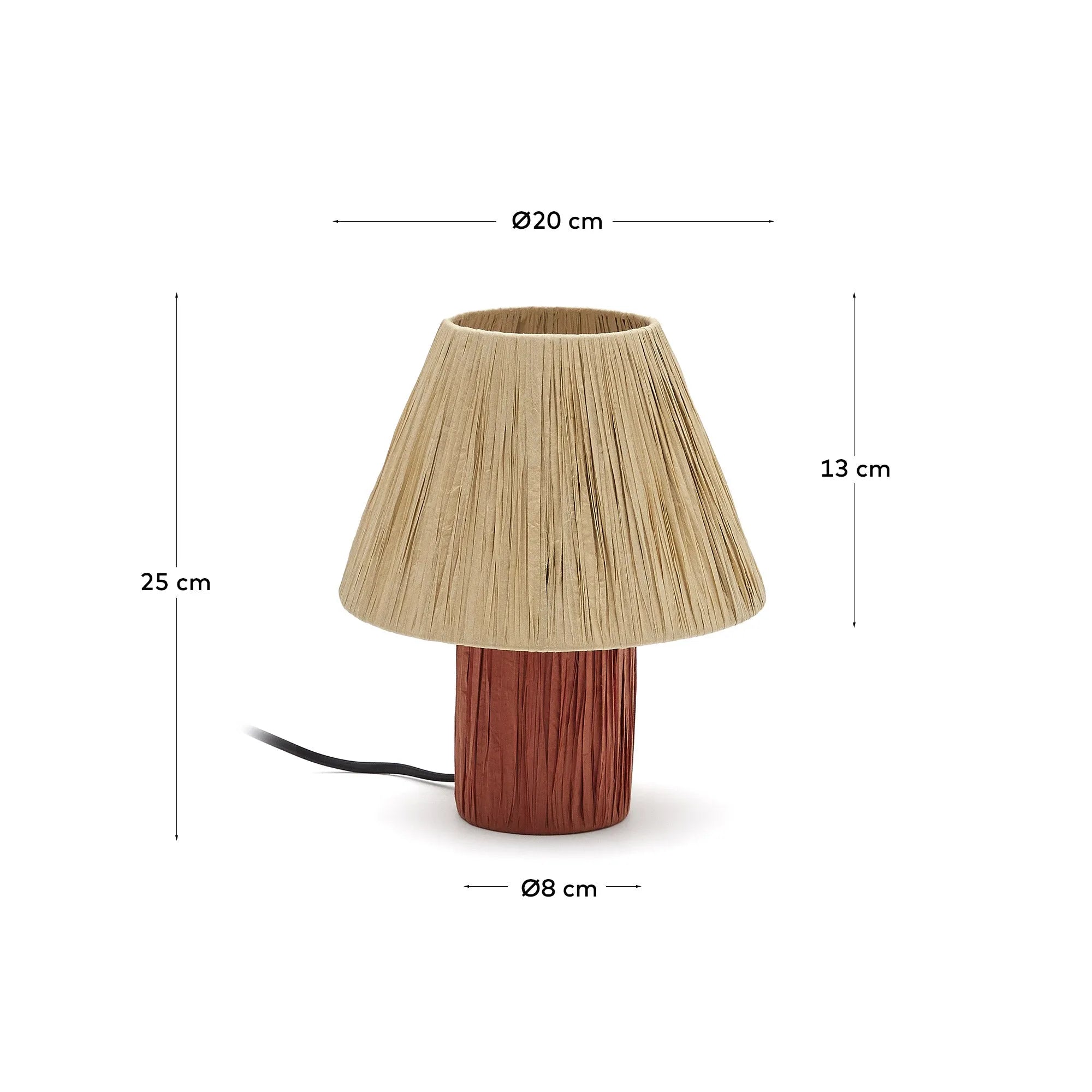 Die Pulmi Tischleuchte vereint Raffiabast in Natur und Terrakotta mit Massivholz für ein warmes, handgefertigtes Design.