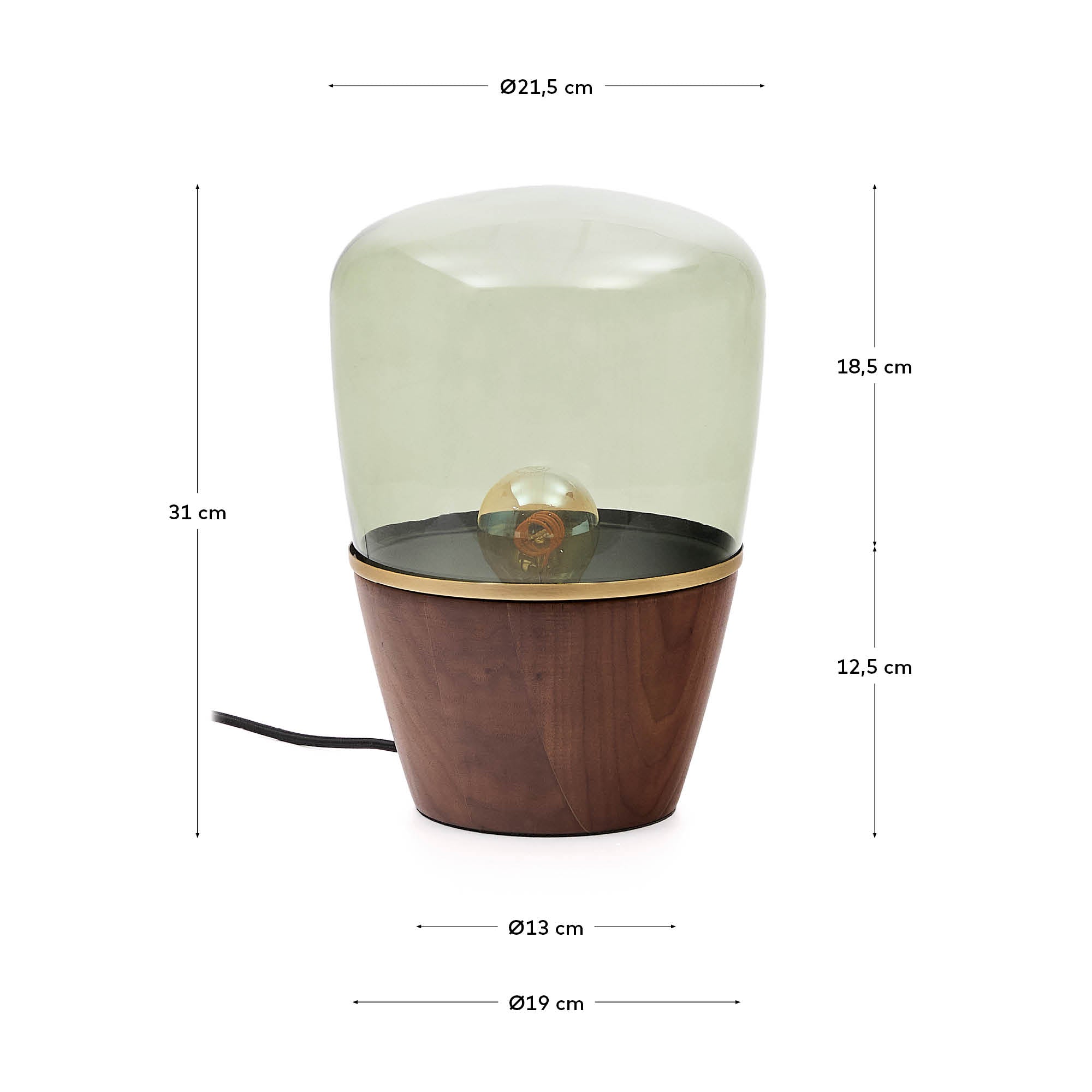 Die Tischleuchte Silex kombiniert Walnussfurnier und grünes Glas für ein modernes und elegantes Design, perfekt für Ihr Zuhause.