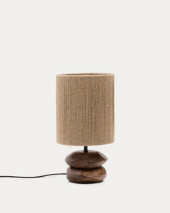 Lampada da tavolo Kor realizzata in legno di acacia con finitura scura e iuta