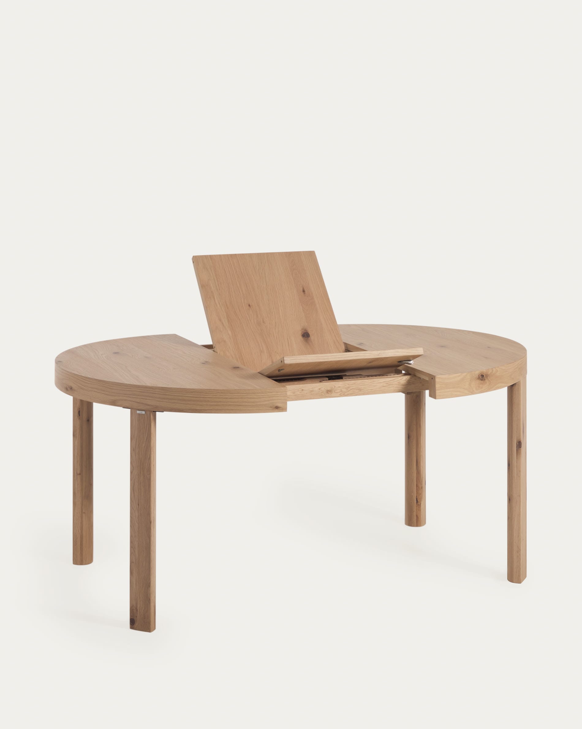 Eleganter runder Ausziehtisch aus Eichenfurnier mit massiven Holzbeinen, Ø120(170)x120 cm, ideal für stilvolle Räume.