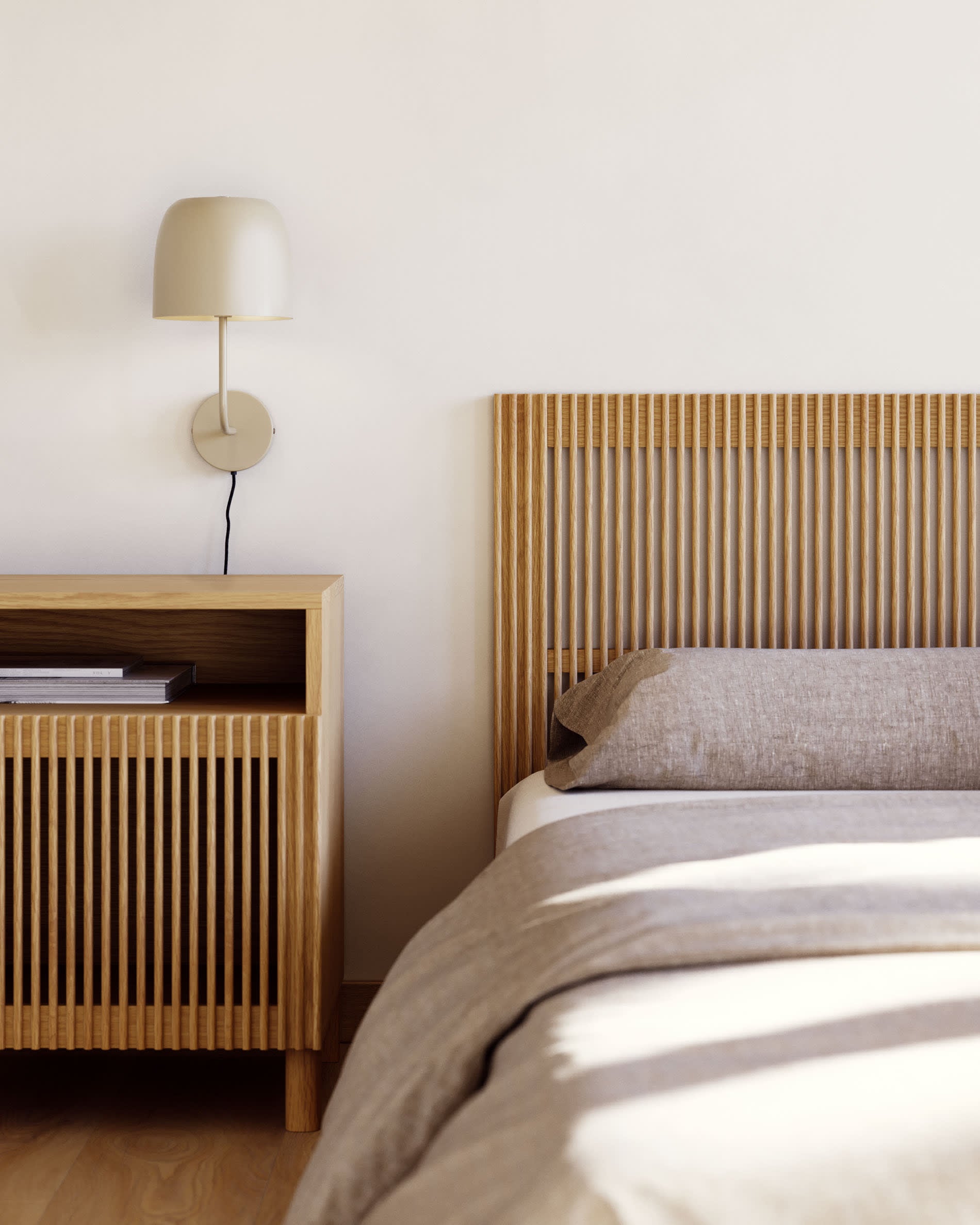 Elegantes Beyla Kopfteil aus massiver FSC-zertifizierter Eiche, passend für 160 cm Betten, von Kave Home.