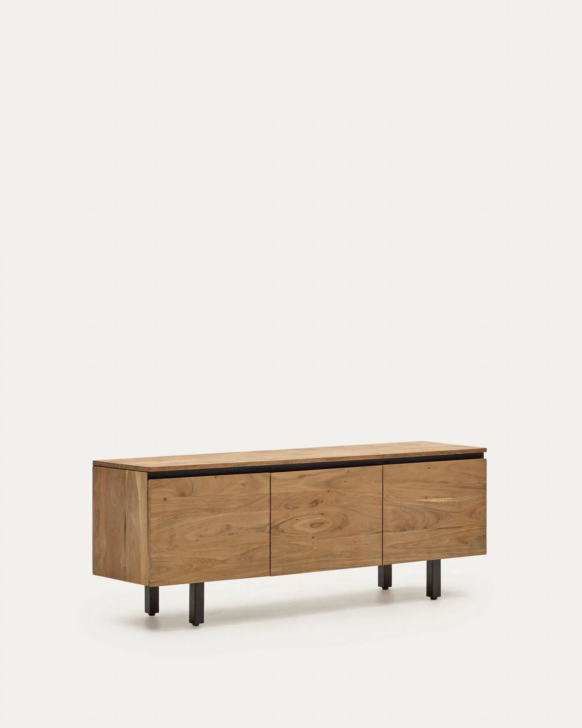 Elegantes TV-Möbel aus massivem Akazienholz, 3-türig, 150x58 cm, natürliches Finish, stilvoll und funktional.