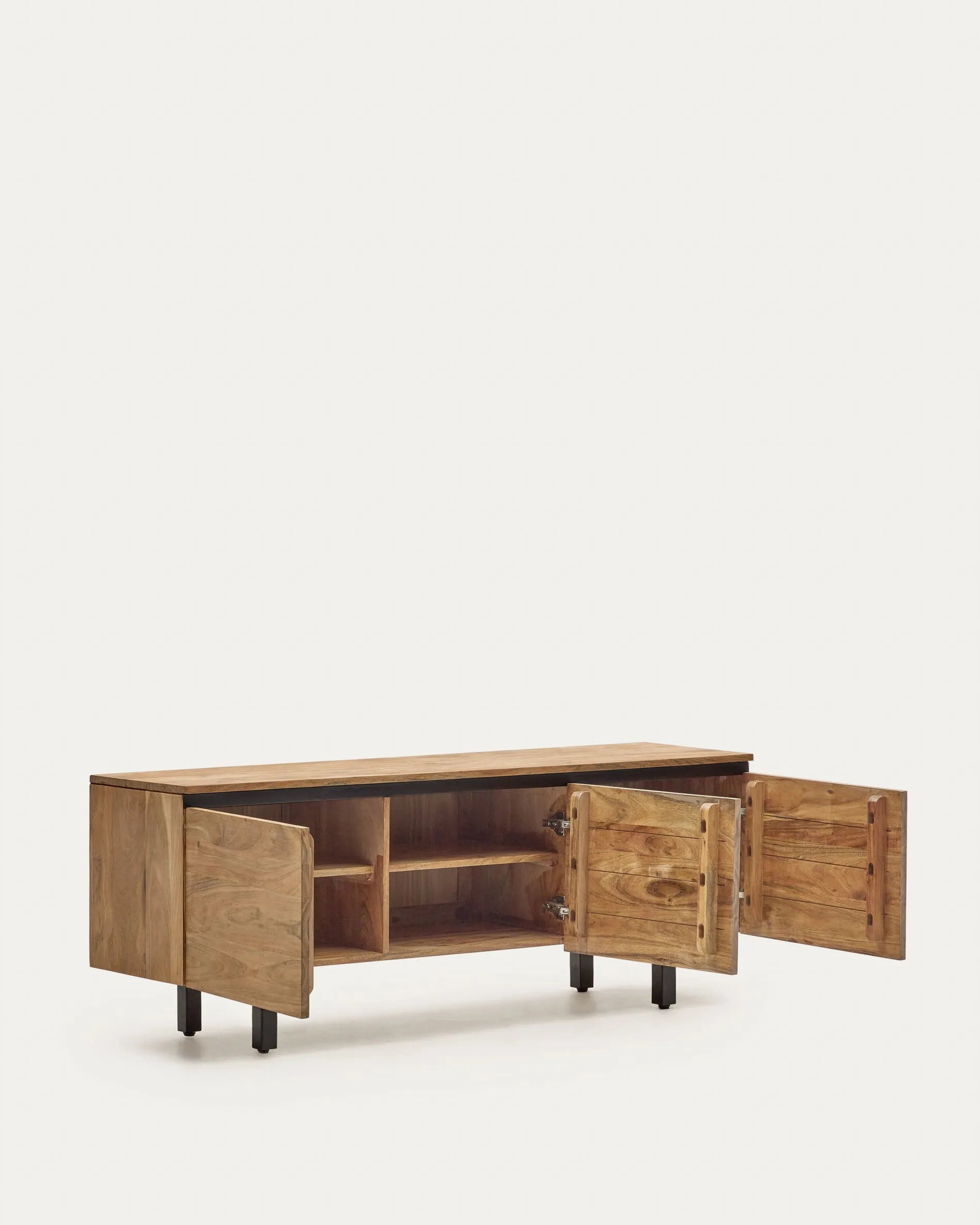 Elegantes TV-Möbel aus massivem Akazienholz, 3-türig, 150x58 cm, natürliches Finish, stilvoll und funktional.
