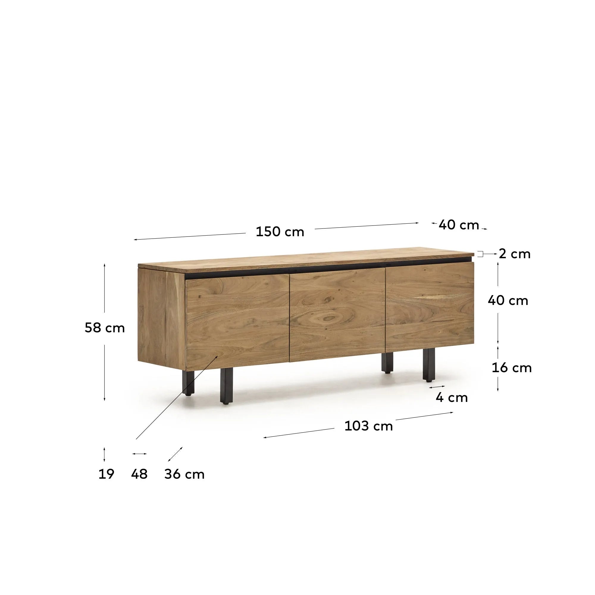 Elegantes TV-Möbel aus massivem Akazienholz, 3-türig, 150x58 cm, natürliches Finish, stilvoll und funktional.