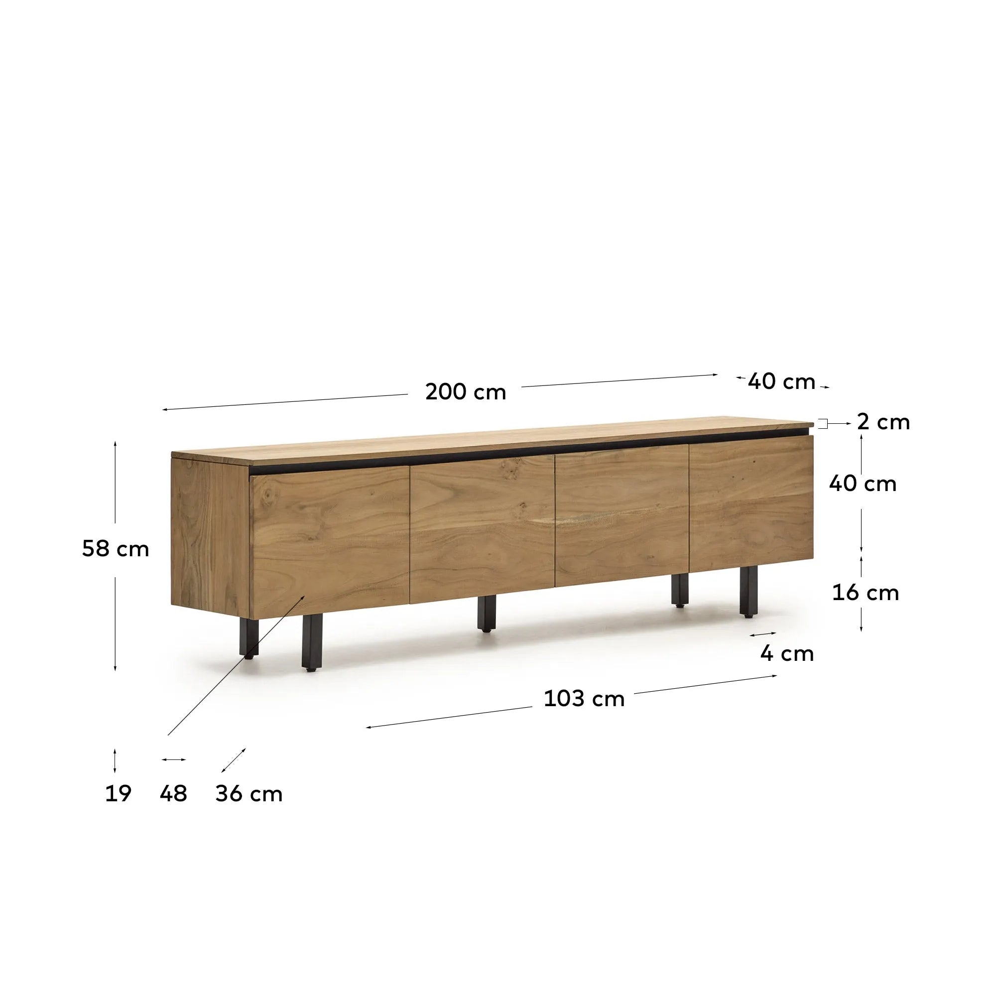 Elegantes TV-Möbel aus Akazienholz, 4 Türen, 200x58 cm, vereint natürliche Schönheit und modernen Stil.