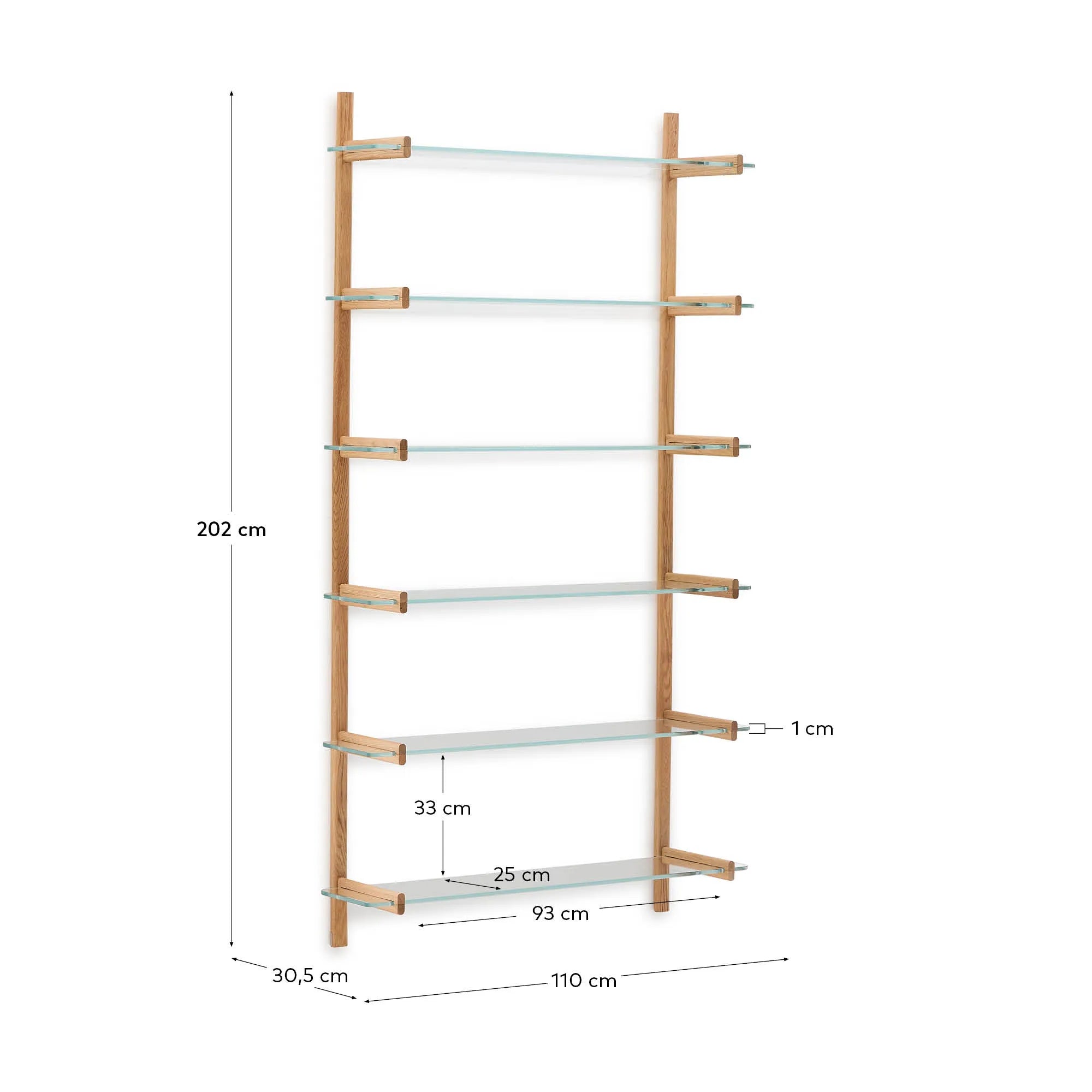 Elegantes Regal aus Glas und Eiche, flexibel und nachhaltig, ideal für stilvolle Präsentationen in jedem Raum.