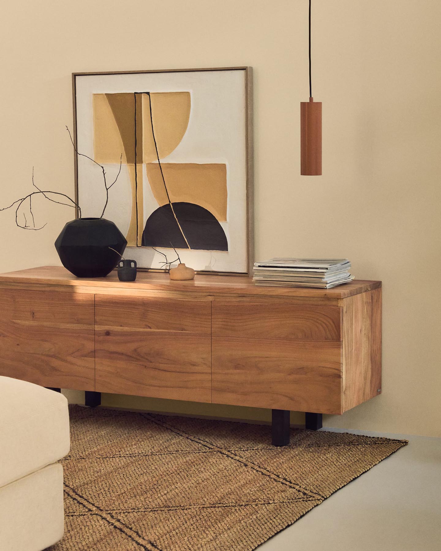 3-door TV furniture UXUE made of solid acacia wood with bleached finish 150 x 58 cm