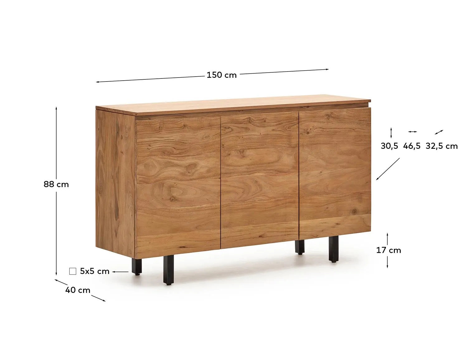 3-türiges Sideboard Uxue aus massivem Akazienholz mit gebleichtem Finish 150 x 88 cm in Beige präsentiert im Onlineshop von KAQTU Design AG. Sideboard ist von Kave Home