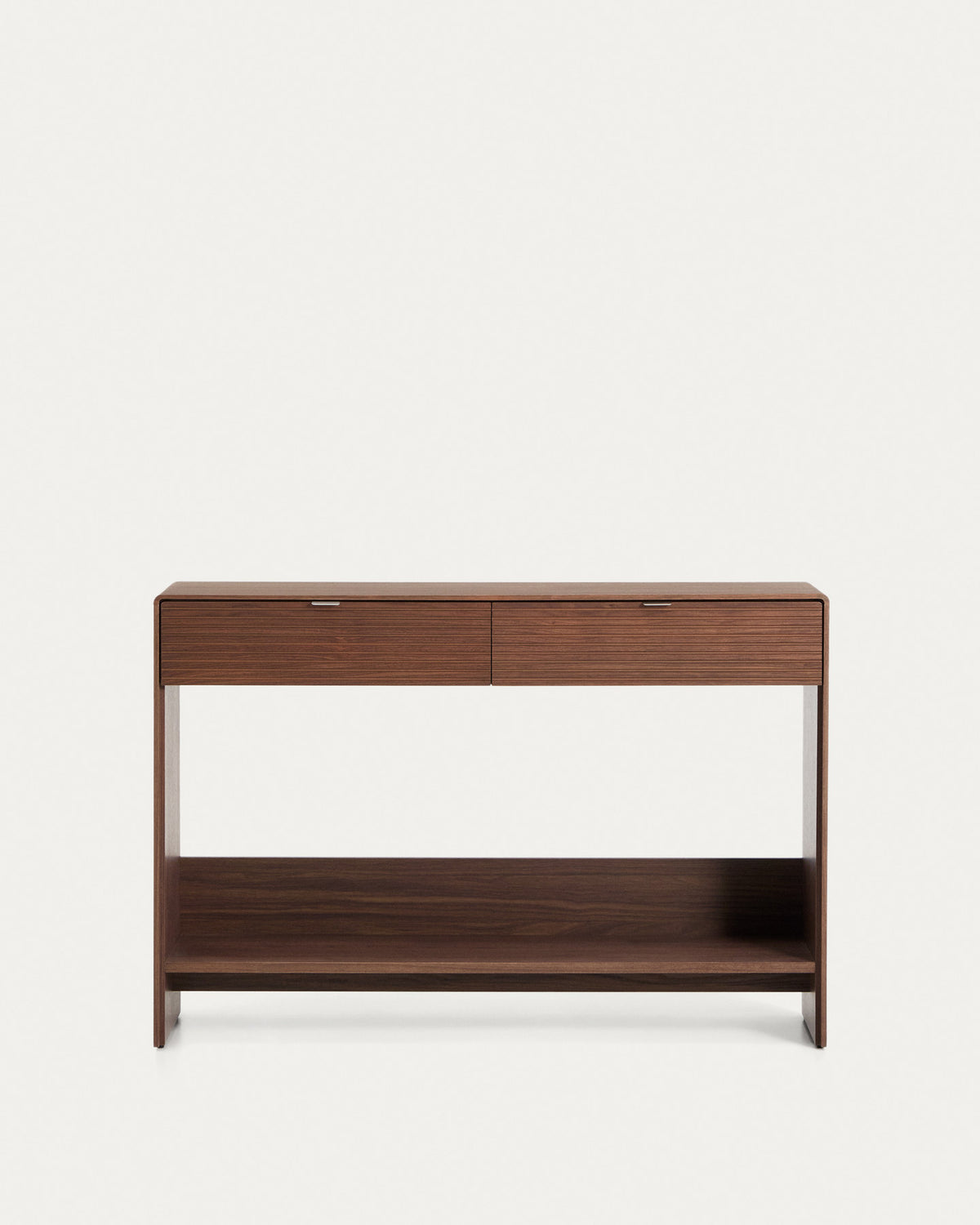 Konsolentisch Norlen mit 2 Schubladen und Regalboden aus Nussbaumfurnier FSC Mix Credit 120 x 81 cm in Dunkelbraun präsentiert im Onlineshop von KAQTU Design AG. Konsolentisch ist von Kave Home