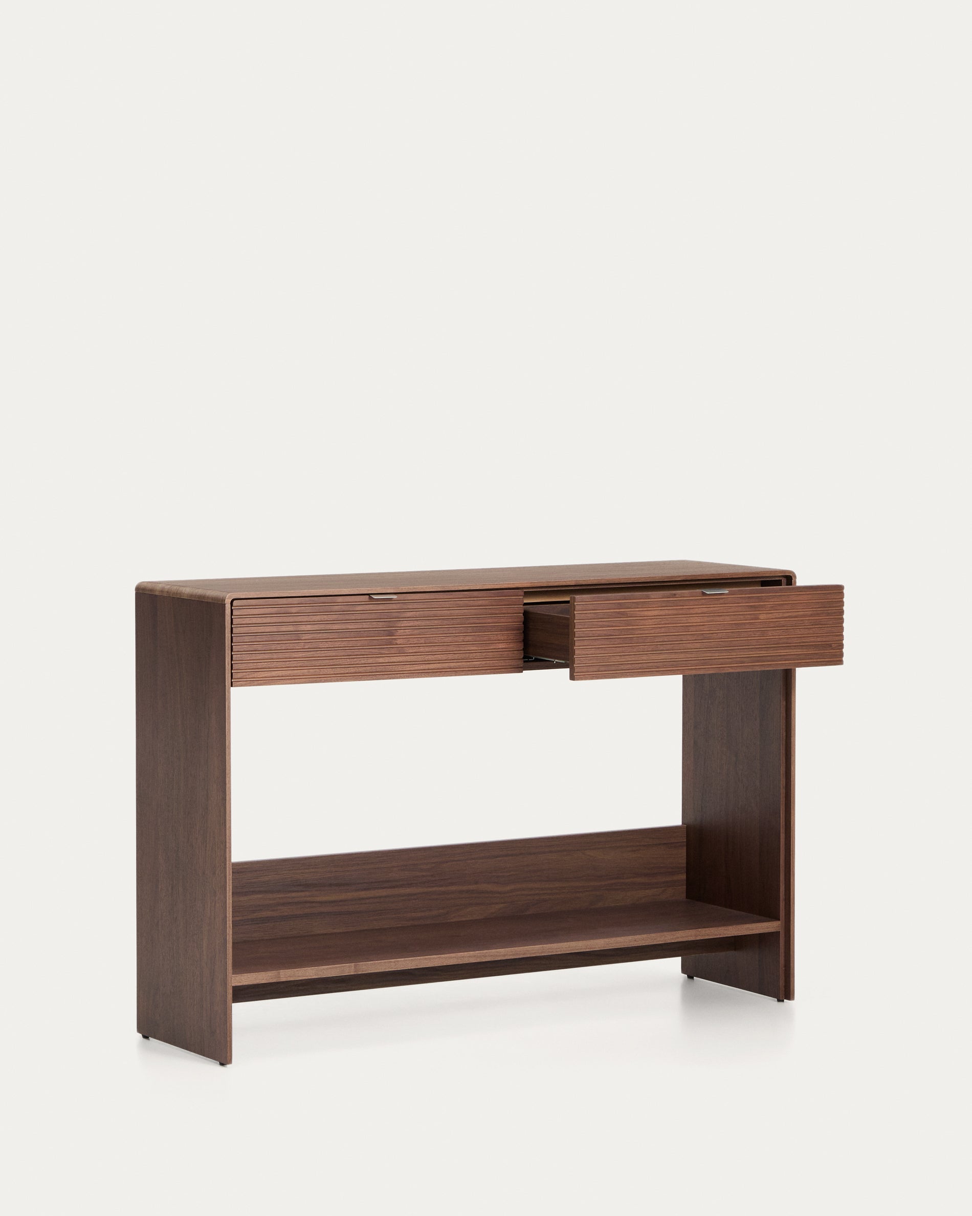 Konsolentisch Norlen in Nussbaumfurnier mit 2 Schubladen und Regalboden, FSC Mix Credit, 120 x 81 cm in Dunkelbraun präsentiert im Onlineshop von KAQTU Design AG. Konsolentisch ist von Kave Home