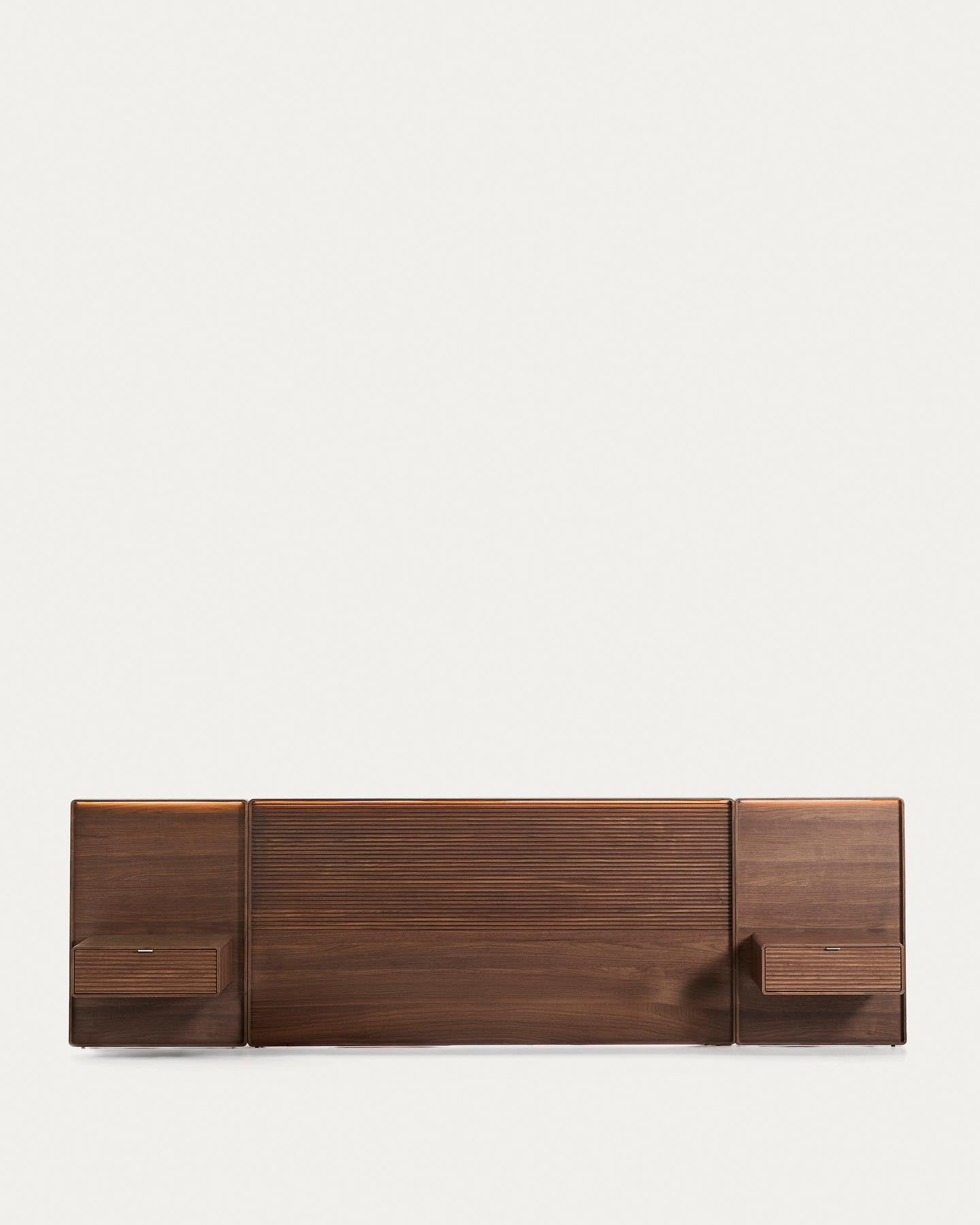 Bettkopfteil Norlen mit zwei Nachttischen aus Nussbaumfurnier mit dunklem Finish und LED-Licht für Betten bis 180 cm, FSC Mix Credit in Dunkelbraun präsentiert im Onlineshop von KAQTU Design AG. Kopfteile ist von Kave Home