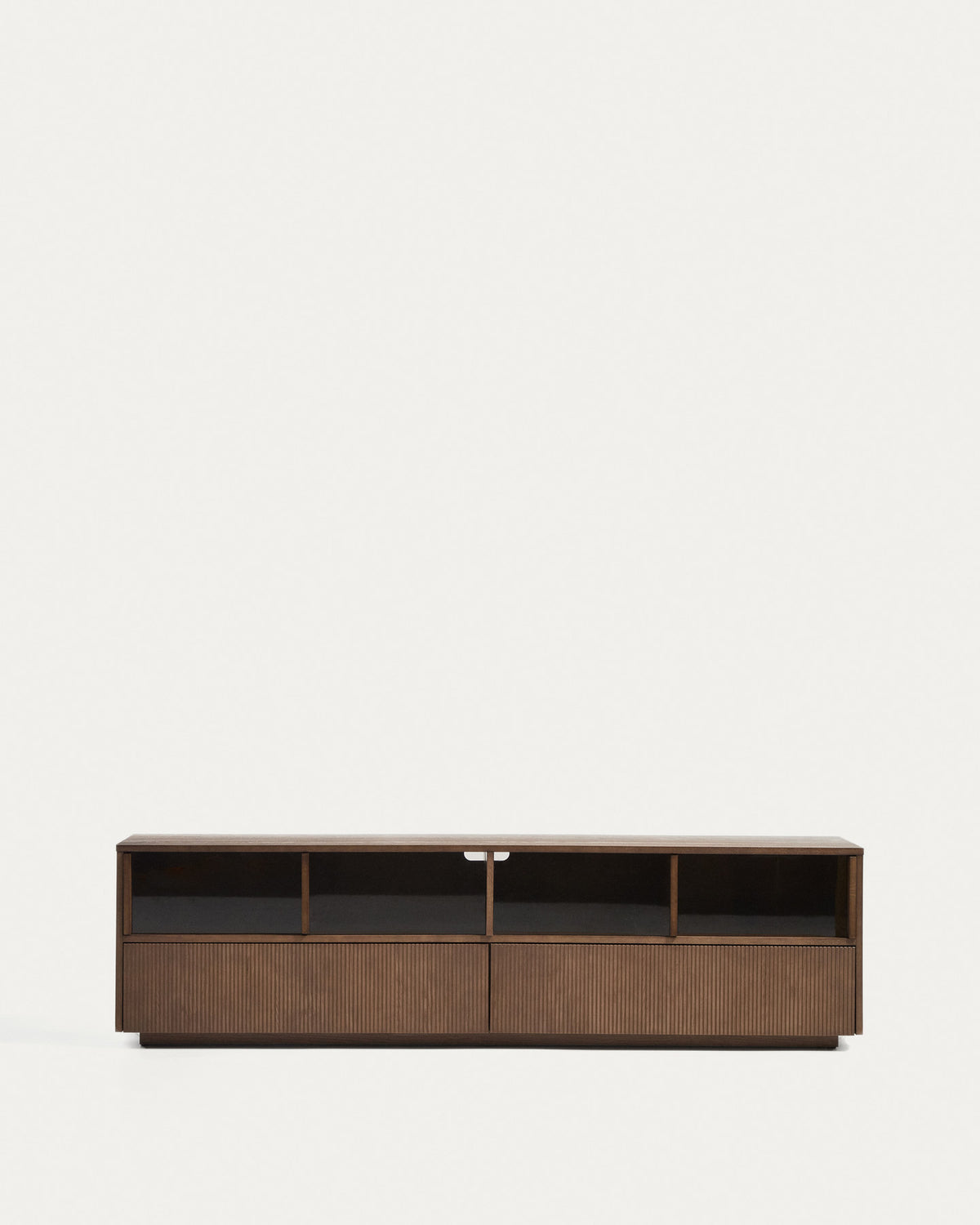 Helvine TV-Möbel mit 4 Türen und 2 Schubladen aus Eschenfurnier mit dunklem Nussbaum-Finish und gehärtetem Glas, 200 x 54 cm, FSC 100% in Dunkelbraun präsentiert im Onlineshop von KAQTU Design AG. TV-Möbel ist von Kave Home