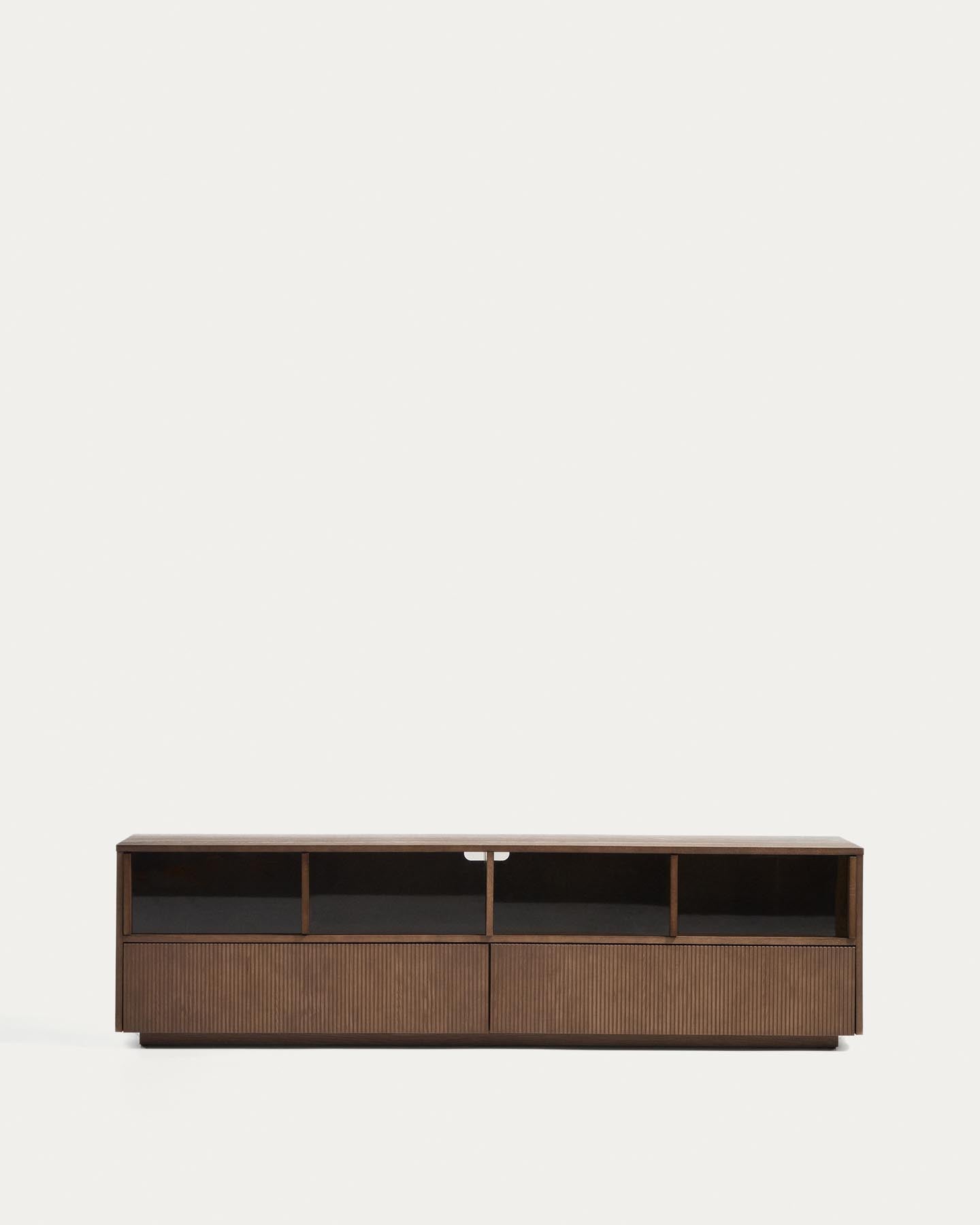 Helvine TV-Möbel mit 4 Türen und 2 Schubladen aus Eschenfurnier mit dunklem Nussbaum-Finish und gehärtetem Glas, 200 x 54 cm, FSC 100% in Dunkelbraun präsentiert im Onlineshop von KAQTU Design AG. TV-Möbel ist von Kave Home