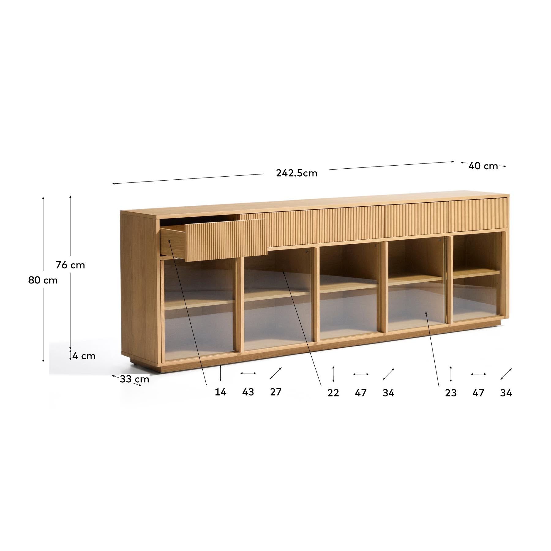 Sideboard Helvine mit 5 Türen und 5 Schubladen aus Eichenfurnier und gehärtetem Glas, 245 x 80 cm, FSC 100 % in Dunkelbraun präsentiert im Onlineshop von KAQTU Design AG. Sideboard ist von Kave Home