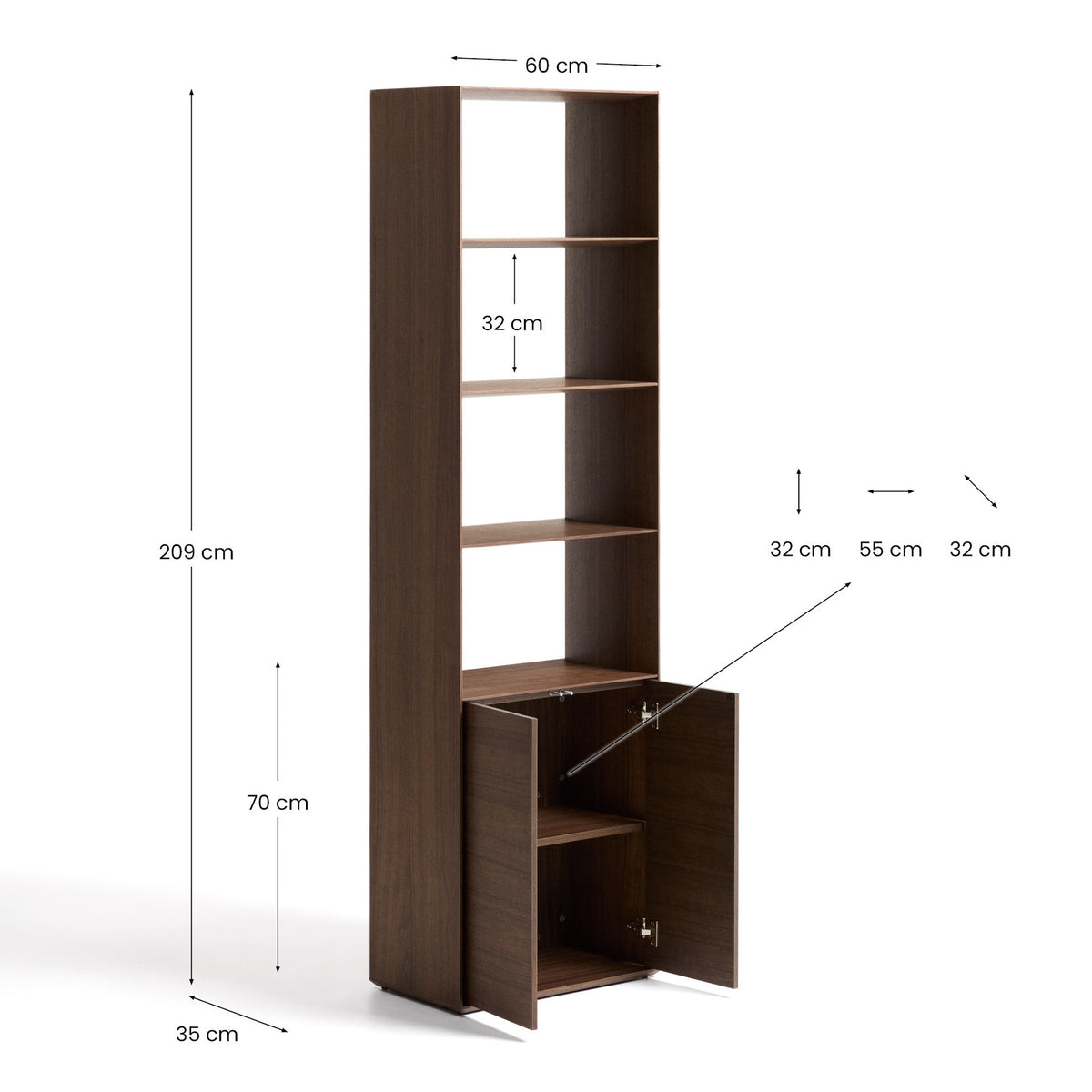 Dunkelbraunes Bücherregal Visala von Kave Home aus Nussbaum-Furnier, hohes schmales Standregal