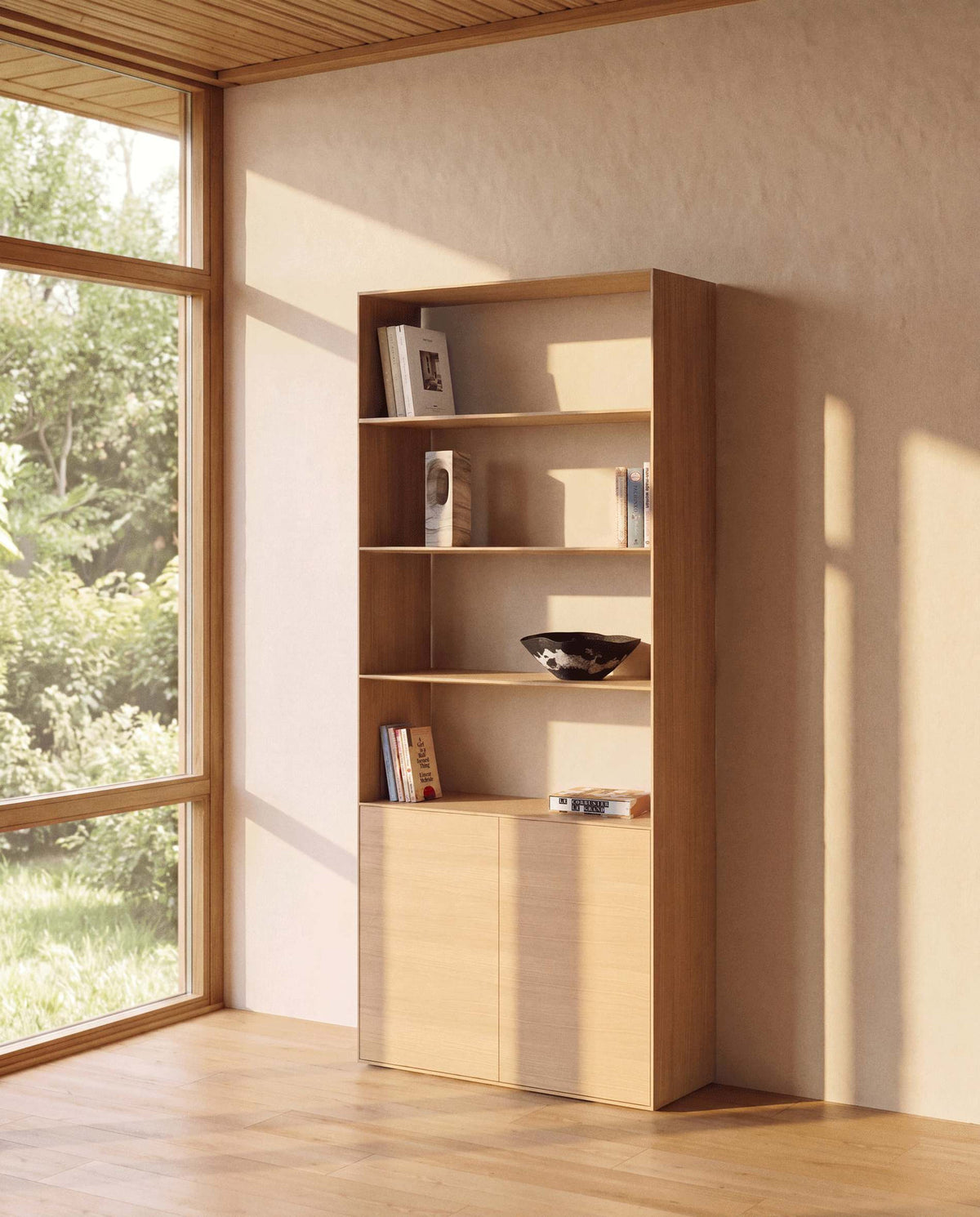 Hellbraunes Bücherregal Visala aus Eichenfurnier mit offenen und geschlossenen Fächern