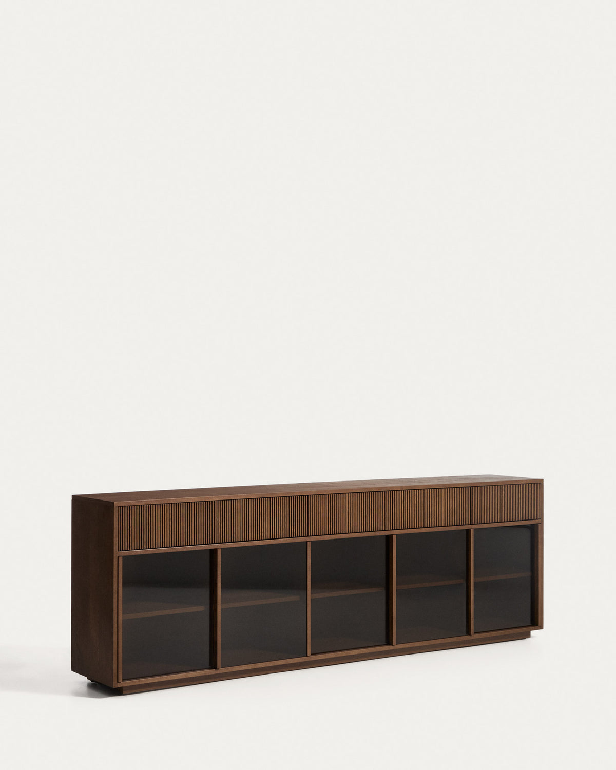 Sideboard Helvine in Dunkelbraun aus Eschenfurnier mit gehärtetem Glas, Türen und Schubladen