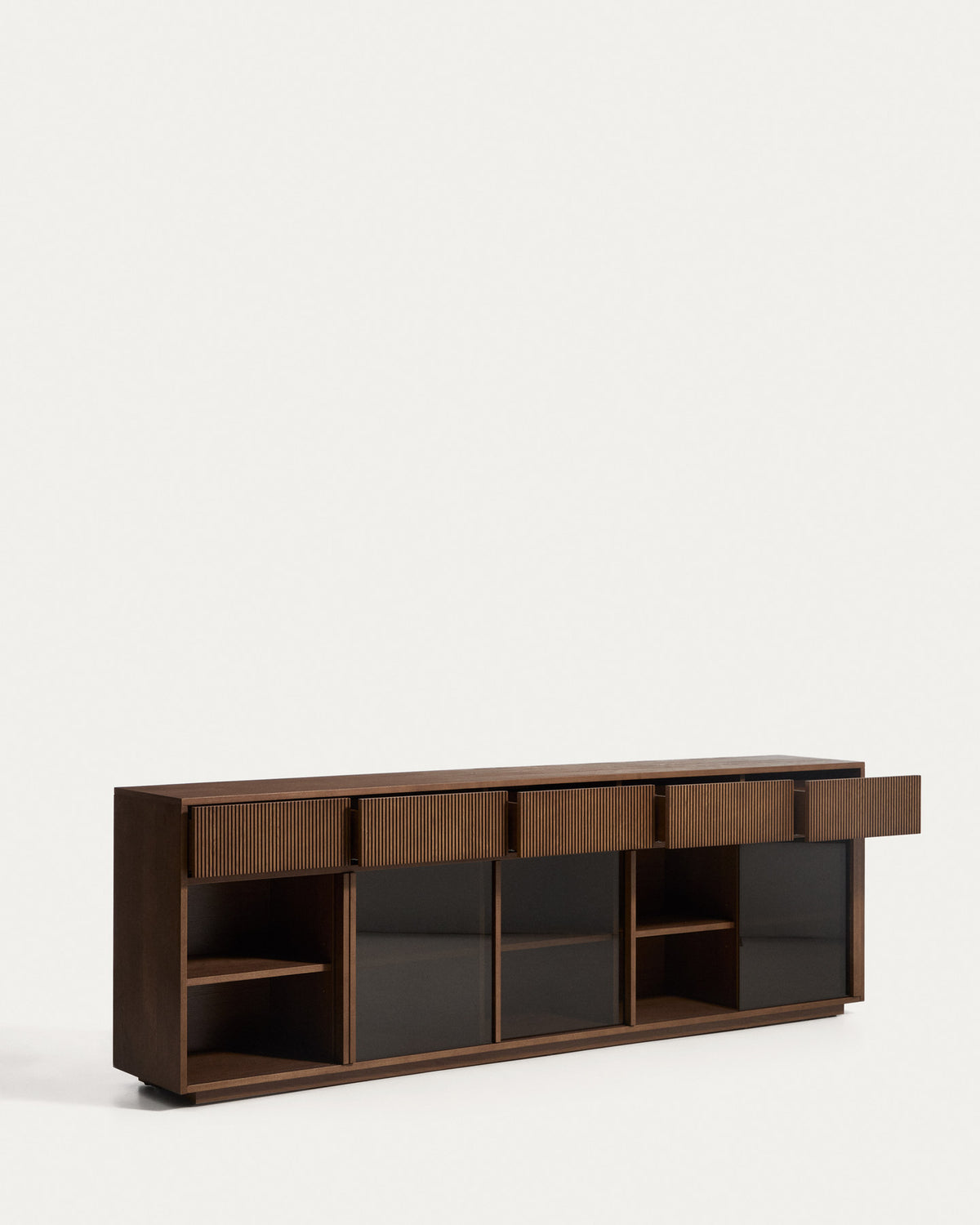Sideboard Helvine in Dunkelbraun aus Eschenfurnier mit gehärtetem Glas, Türen und Schubladen
