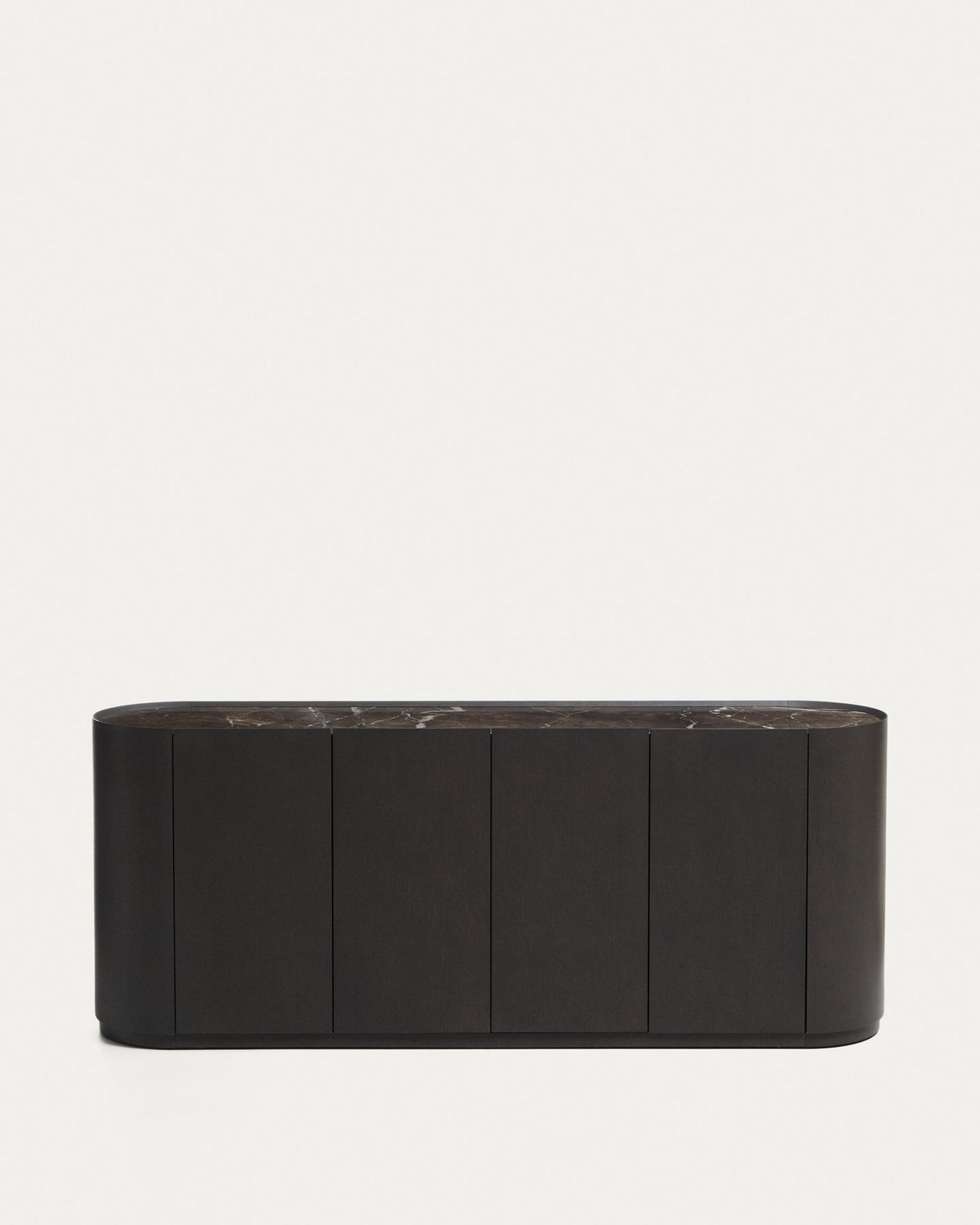Sideboard Nemore mit vier Türen aus Eichenfurnier, dunkelbrauner Oberfläche und Keramikplatte mit Emperador-Marmor-Effekt, Masse 200 x 45 x 80 cm.