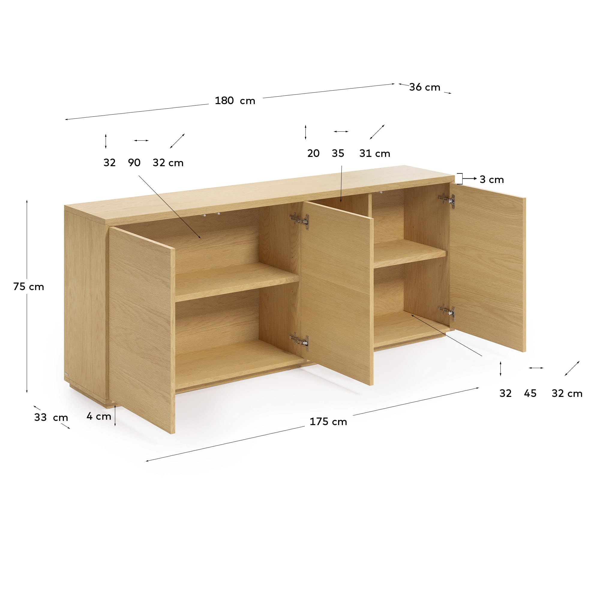 Elegantes Sideboard aus Eichenfurnier mit drei Türen, FSC-zertifiziert, 180x75 cm, von Kave Home, ideal für stilvolle Aufbewahrung.