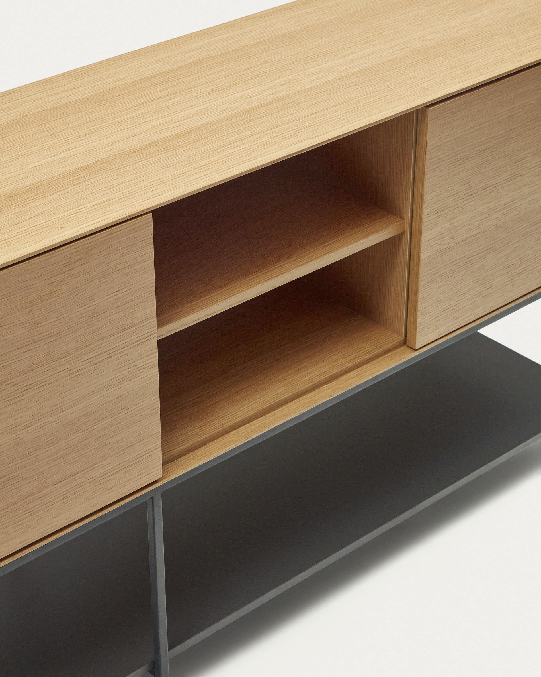 Vedrana sideboard with 3 doors, oak veneer and black steel legs, 195 x 80 cm