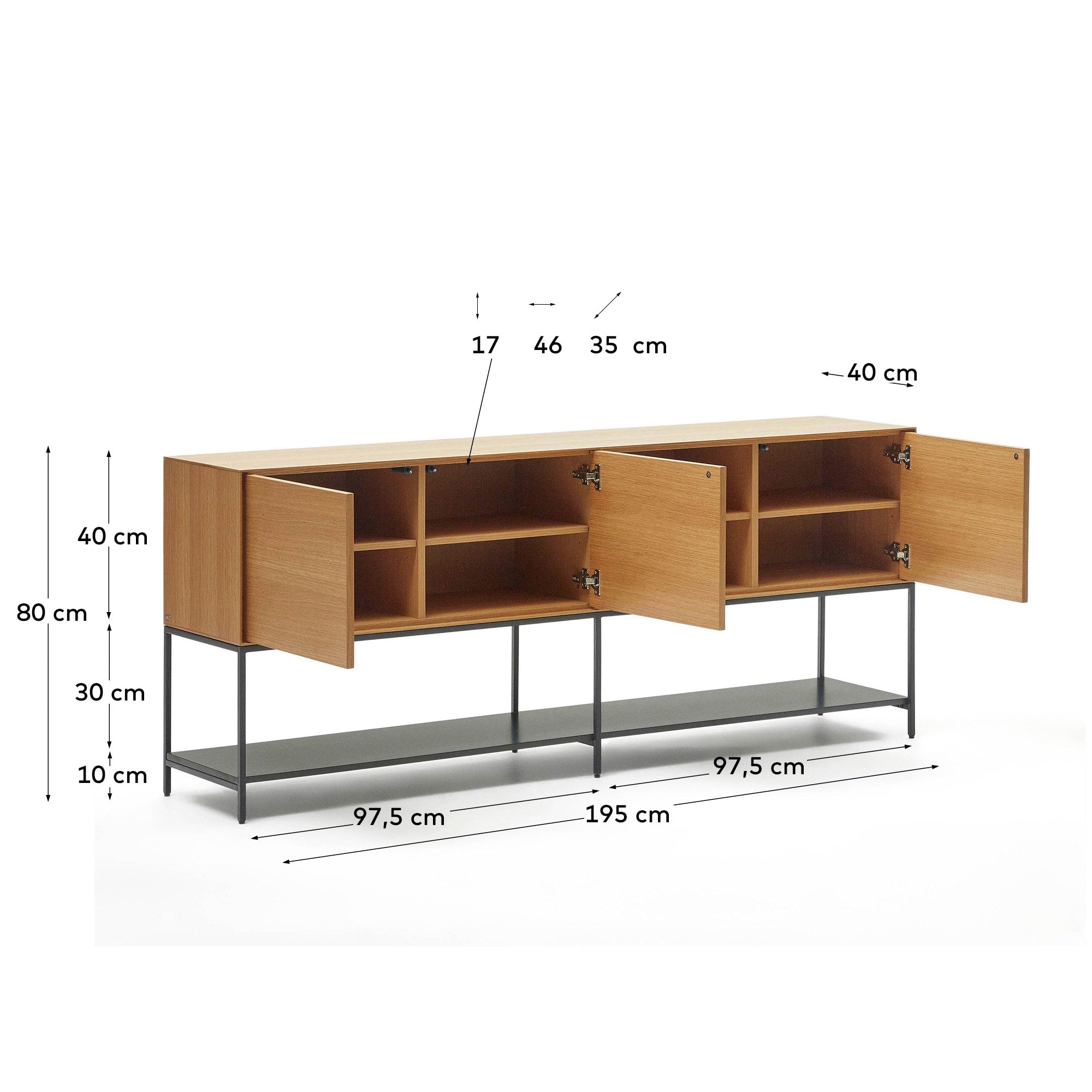 Die Vedrana Kommode kombiniert Eichenfurnier mit schwarzen Stahlbeinen, bietet großzügigen Stauraum und ein modernes Design, 195 x 80 cm.