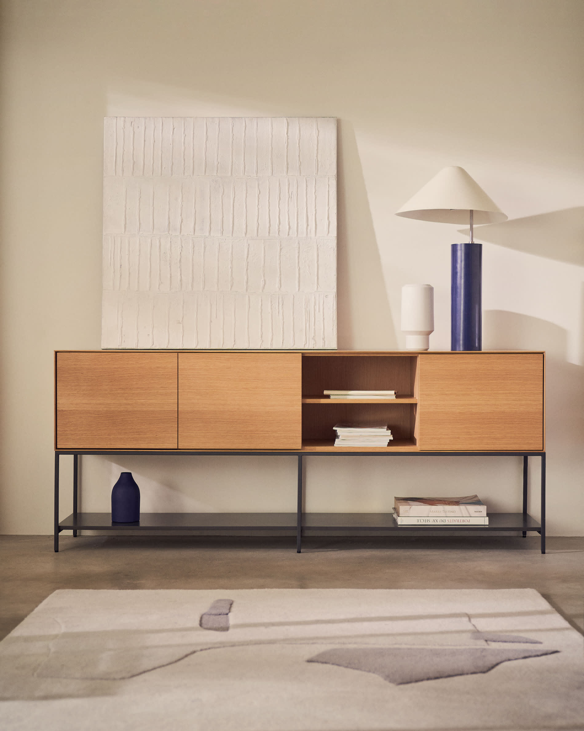 Vedrana sideboard with 3 doors, oak veneer and black steel legs, 195 x 80 cm