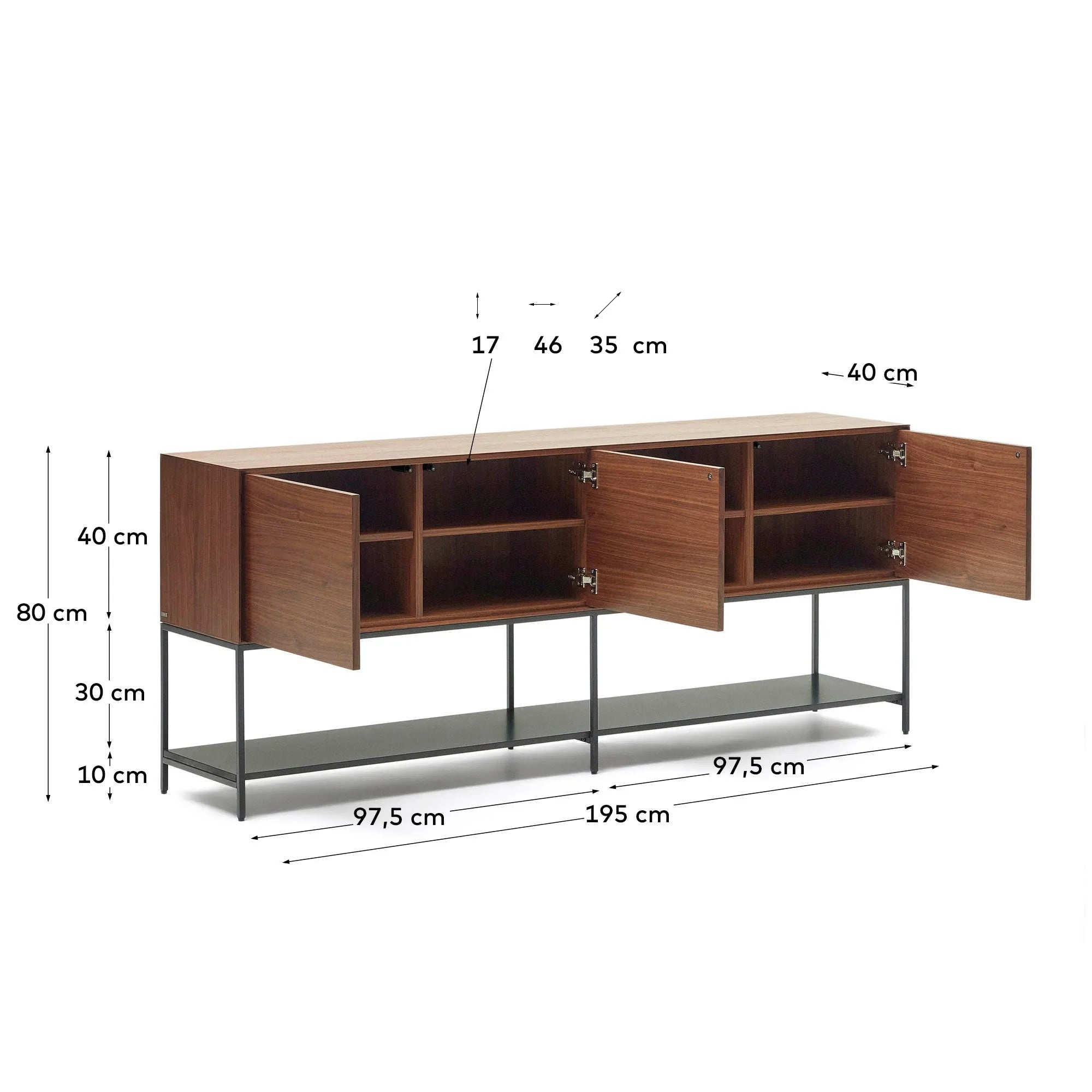 Das Vedrana Sideboard kombiniert edles Nussholzfurnier mit schwarzen Stahlbeinen für eleganten Stauraum.