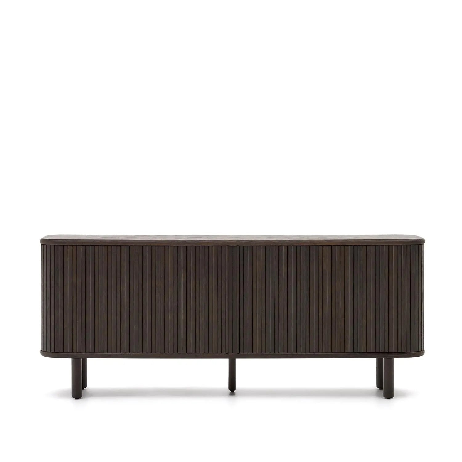 3D-Modell des Mailen Sideboards: Eschenfurnier, dunkles Finish, 2 Schiebetüren, 180x75 cm, modernes Design, robust.