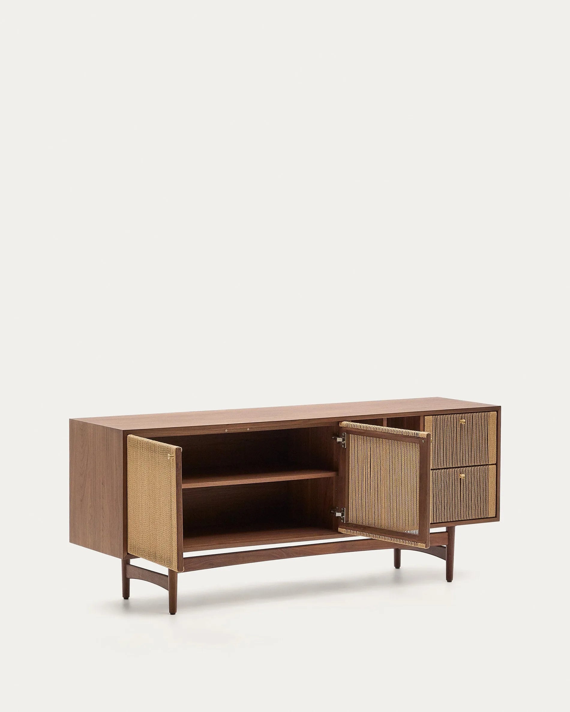 Elegantes Sideboard aus massivem Nussholz mit Seildetails, bietet stilvollen Stauraum und nachhaltige Qualität.