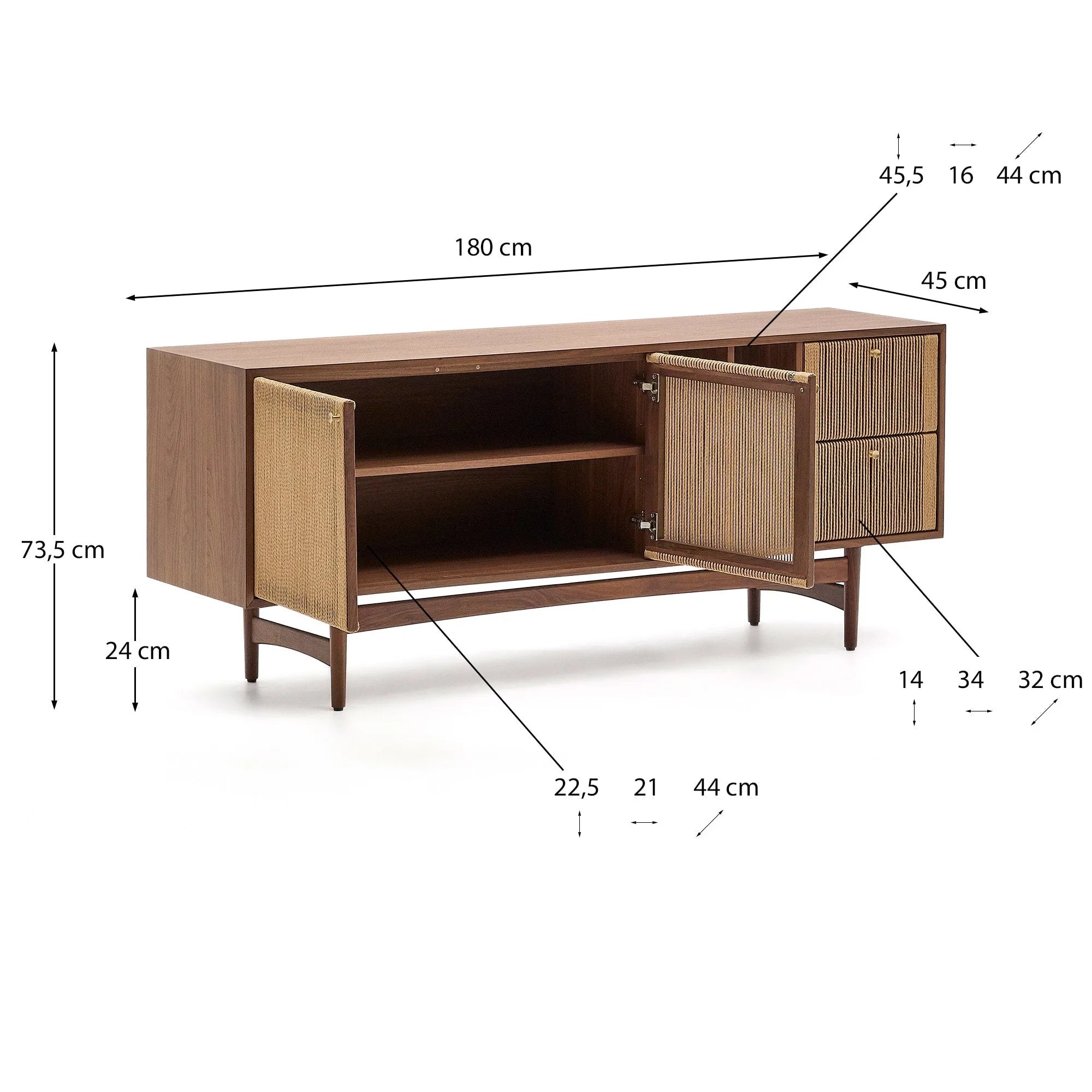 Elegantes Sideboard aus massivem Nussholz mit Seildetails, bietet stilvollen Stauraum und nachhaltige Qualität.