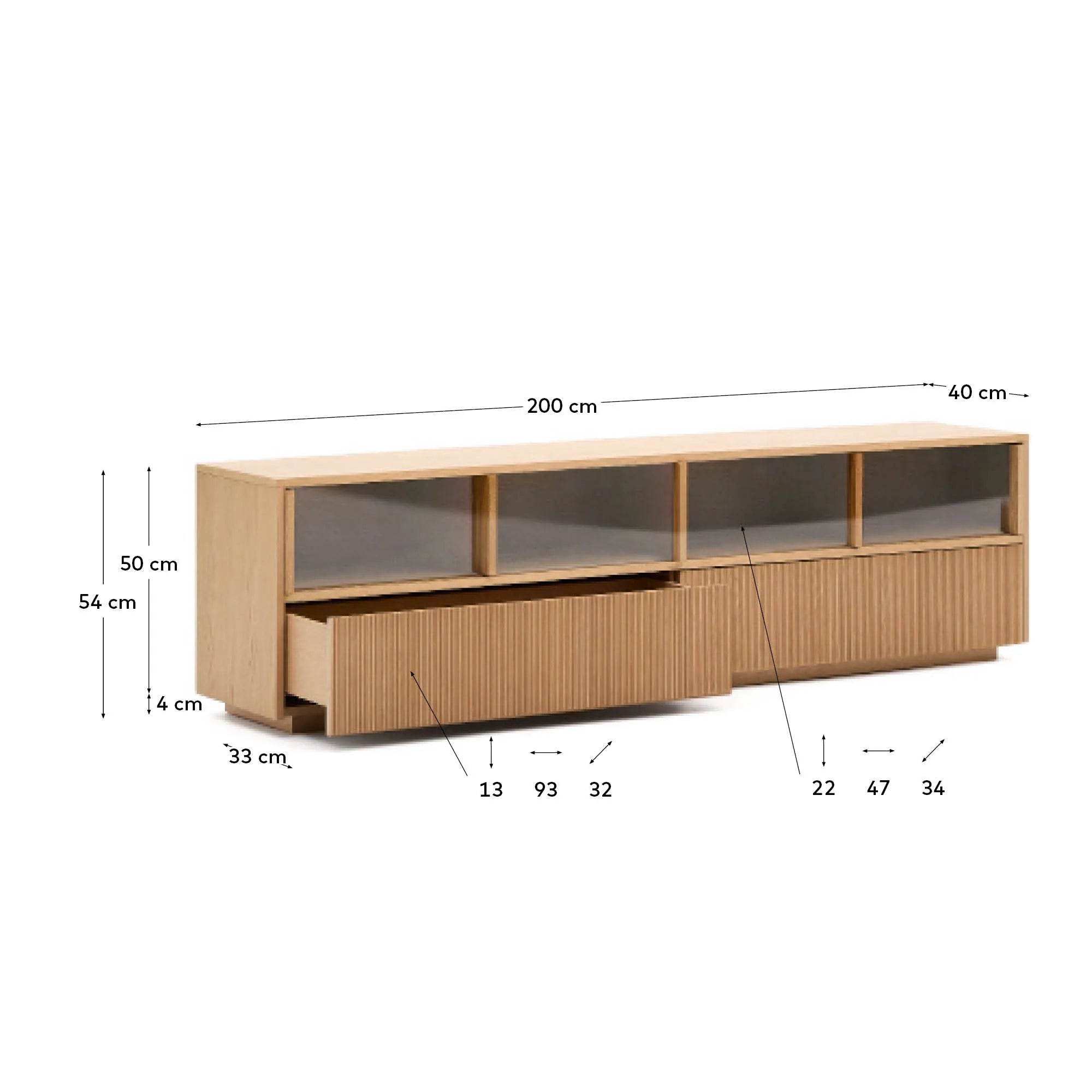Elegantes Sideboard aus Eichenfurnier und Glas, 200x54 cm, mit 4 Türen und 2 Schubladen, FSC-zertifiziert, von Kave Home.