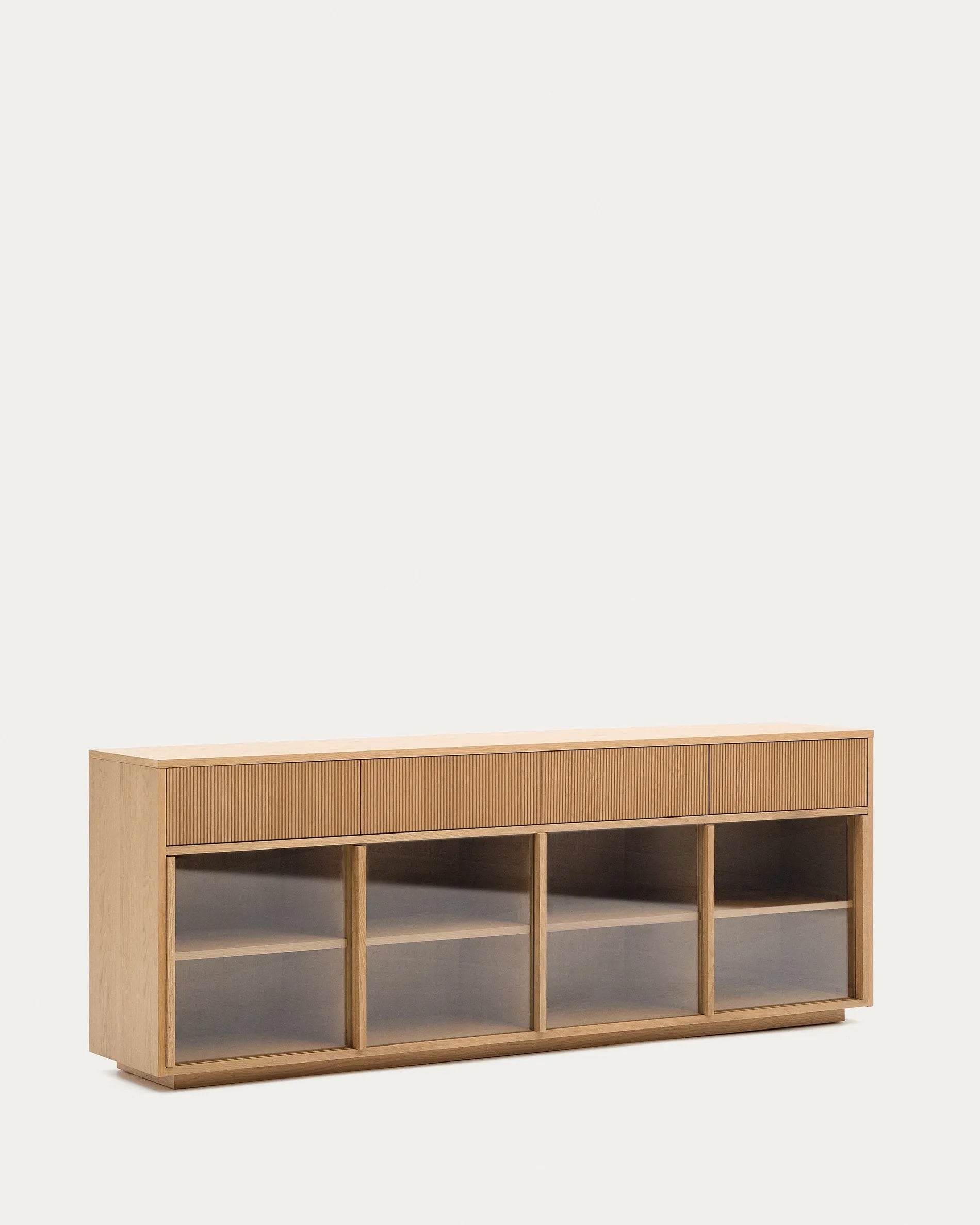 Elegantes Sideboard aus Eichenfurnier und Glas, 200x75 cm, mit 4 Türen und Schubladen, FSC-zertifiziert.