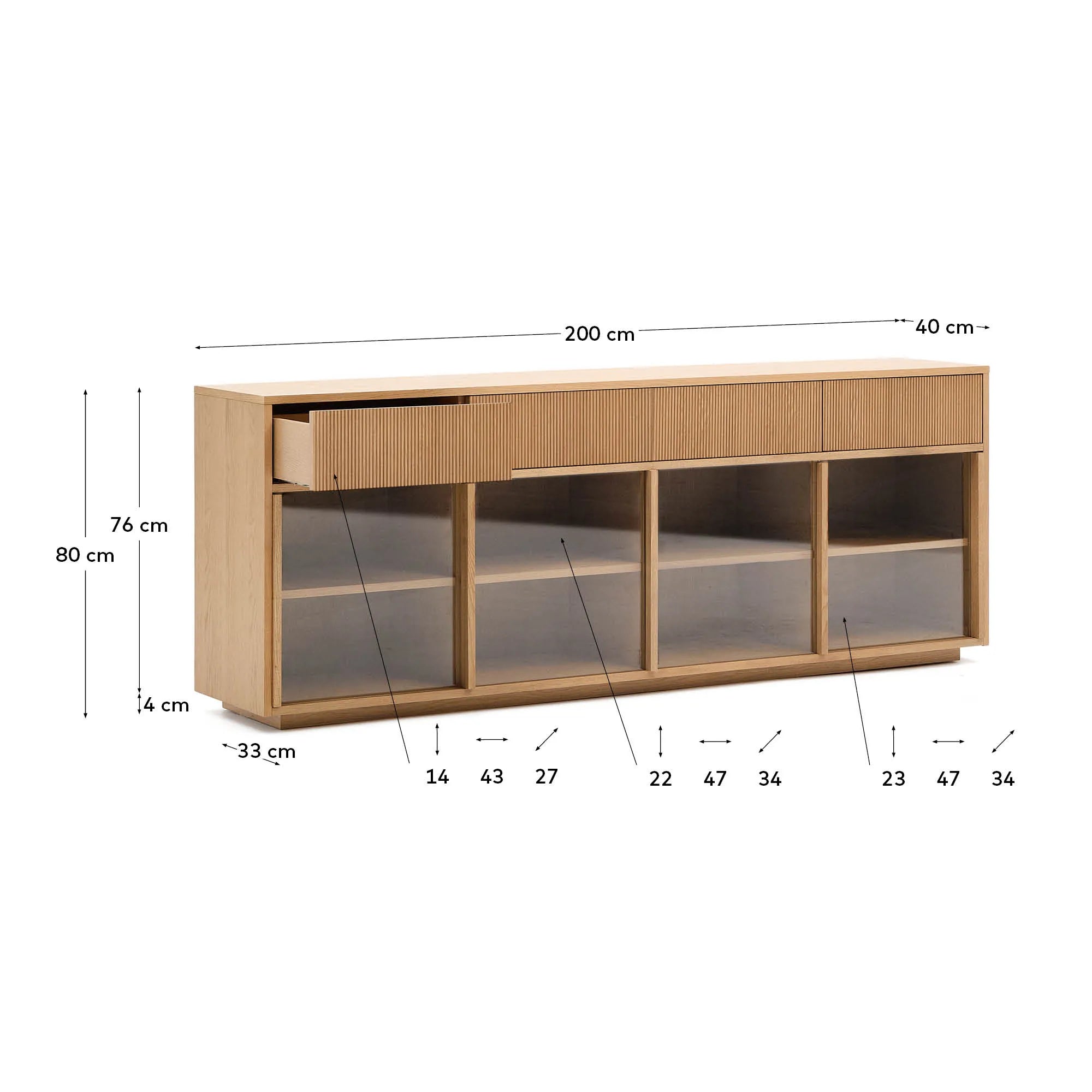 Elegantes Sideboard aus Eichenfurnier und Glas, 200x75 cm, mit 4 Türen und Schubladen, FSC-zertifiziert.