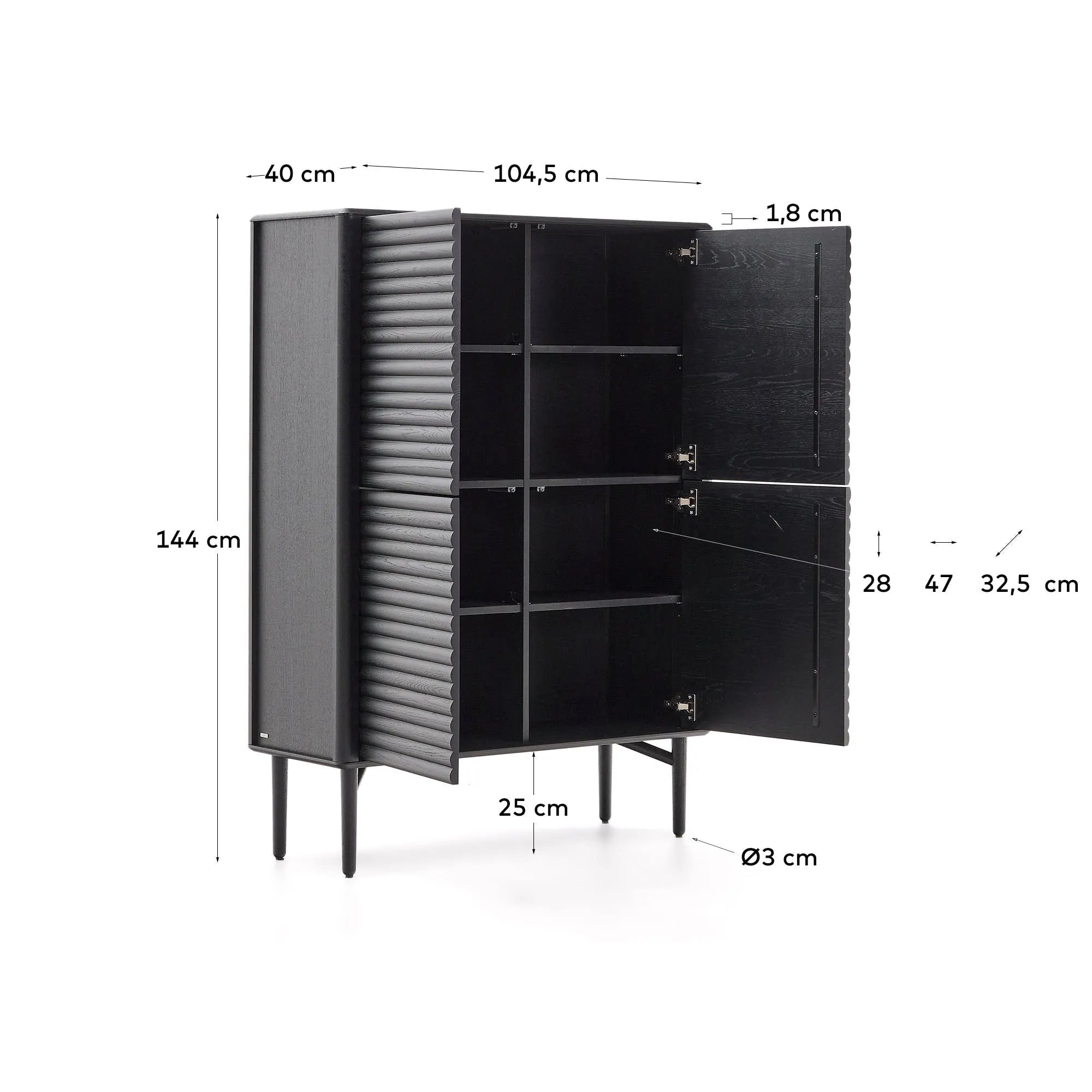 Elegantes Highboard aus schwarzem Eichenfurnier, 4 Türen, FSC-zertifiziert, bietet stilvollen Stauraum.