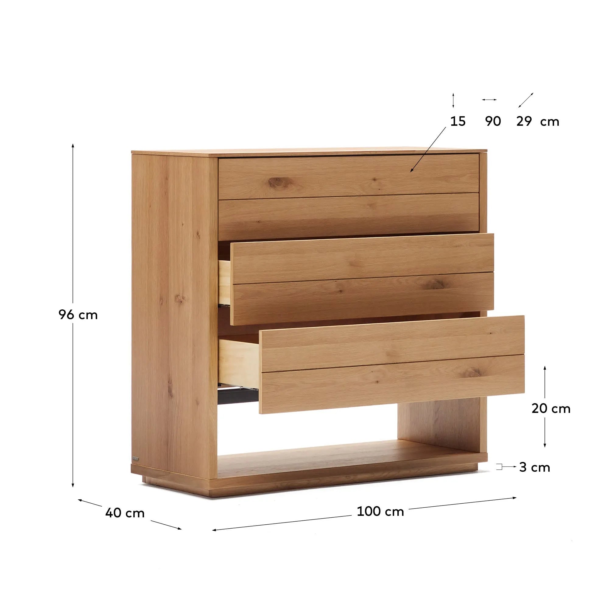 Elegante Alguema Kommode mit 3 Schubladen, Eichenfurnier, 100x97 cm, bietet stilvollen Stauraum und zeitloses Design.