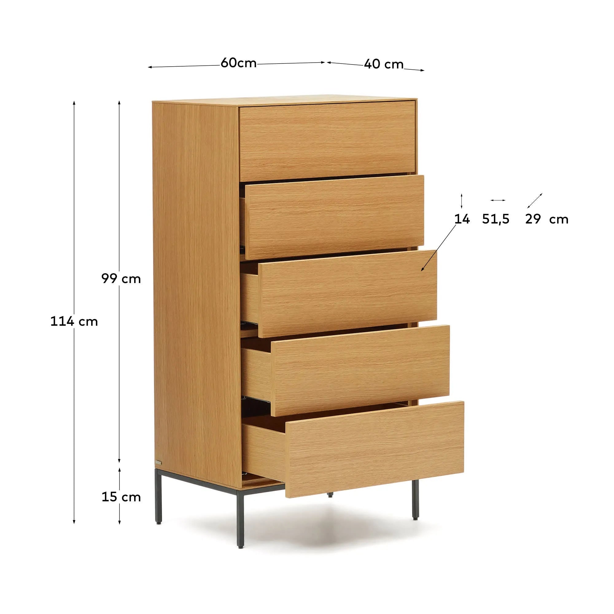 Elegante Kommode mit 5 Schubladen, Eichenfurnier und schwarzen Stahlbeinen, 60x114 cm, stilvoll und funktional.