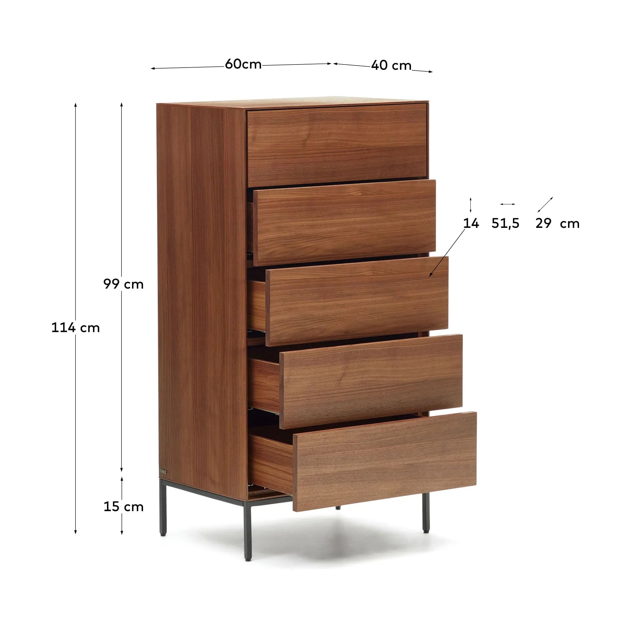 Elegante Kommode aus Nussholzfurnier mit schwarzen Stahlbeinen, 5 Schubladen, 60x114 cm, stilvoll und funktional.