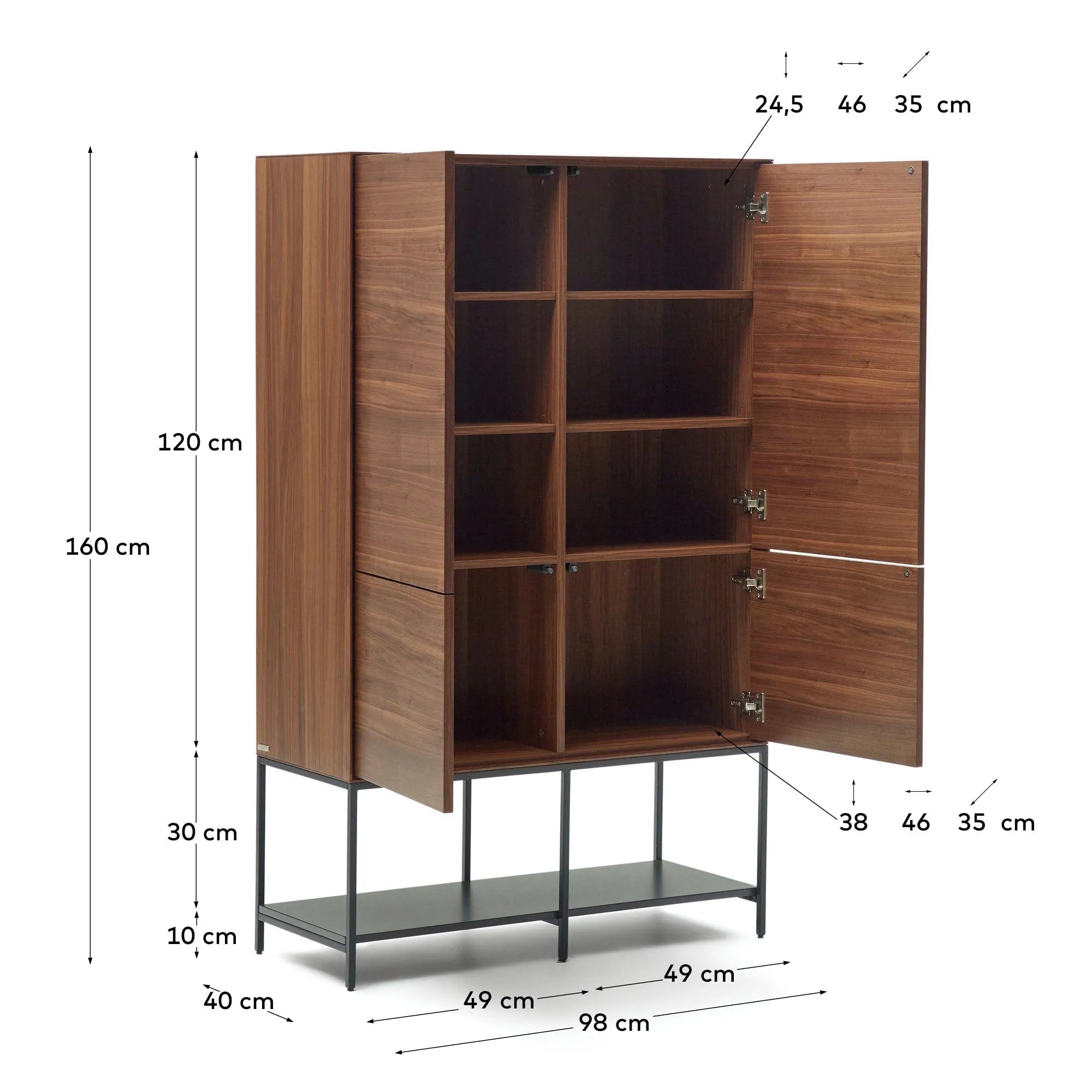 Das Vedrana Highboard kombiniert edles Nussholzfurnier mit modernen schwarzen Stahlbeinen und bietet stilvollen Stauraum.