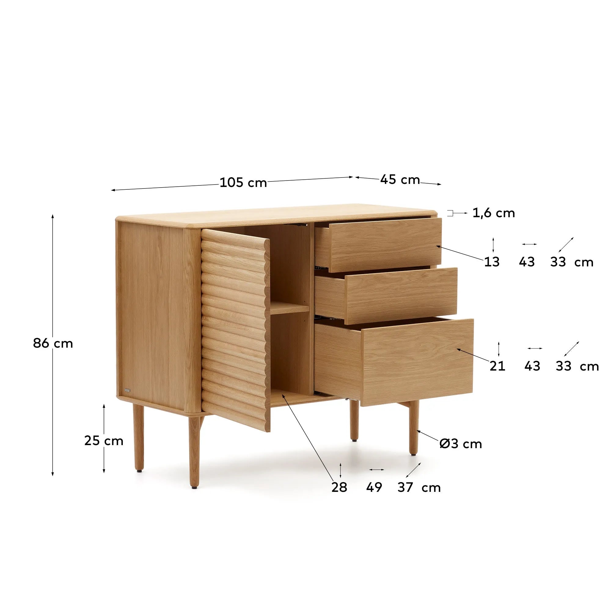 Elegantes Sideboard aus Eichenholz mit 1 Tür, 3 Schubladen, FSC-zertifiziert, 105x85 cm, für stilvolle Aufbewahrung.