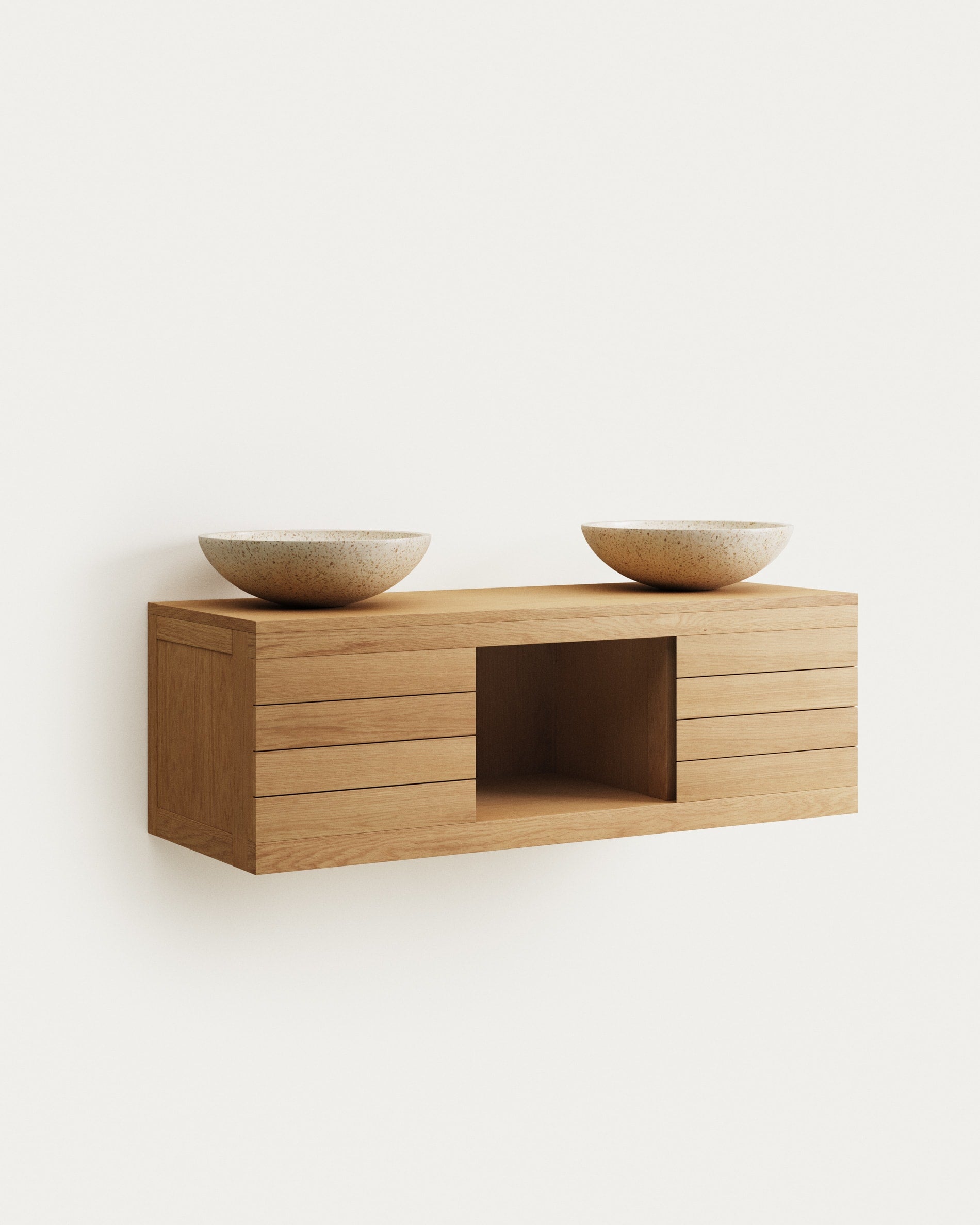 Elegantes Badezimmermöbel aus massivem Teakholz, 120x45 cm, mit natürlichem Finish. Perfekt für stilvolle, moderne Badezimmer.