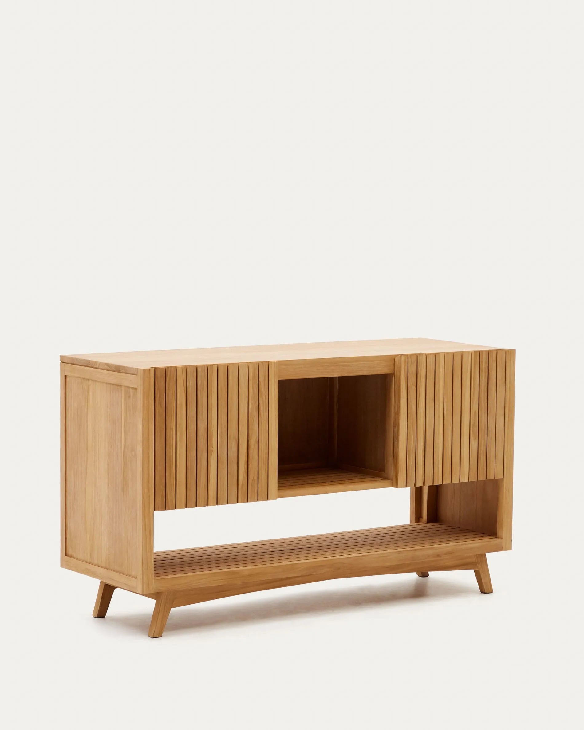 Elegantes Sideboard aus massivem Teakholz, 140x50 cm, mit natürlichem Finish – stilvoller Stauraum für jeden Raum.