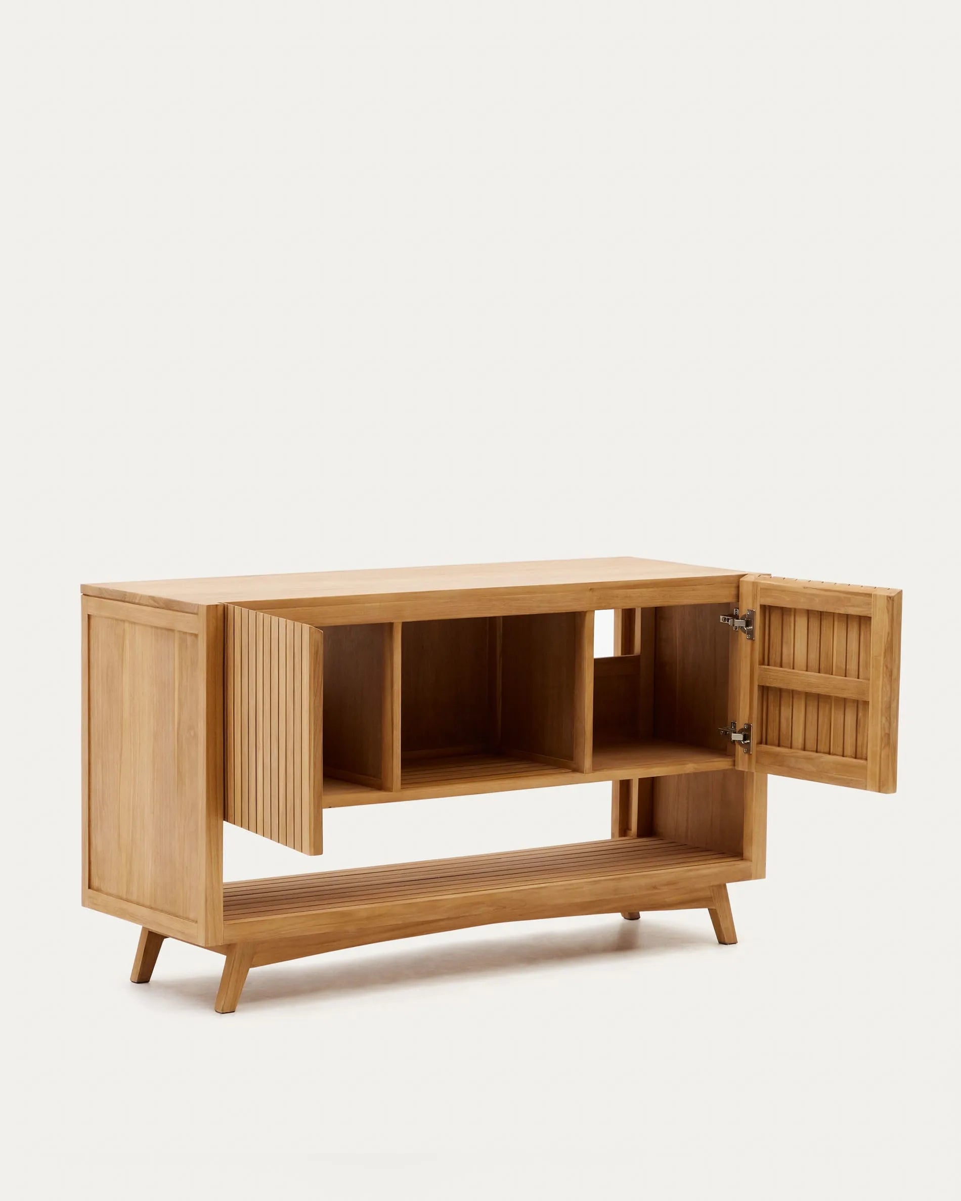 Elegantes Sideboard aus massivem Teakholz, 140x50 cm, mit natürlichem Finish – stilvoller Stauraum für jeden Raum.