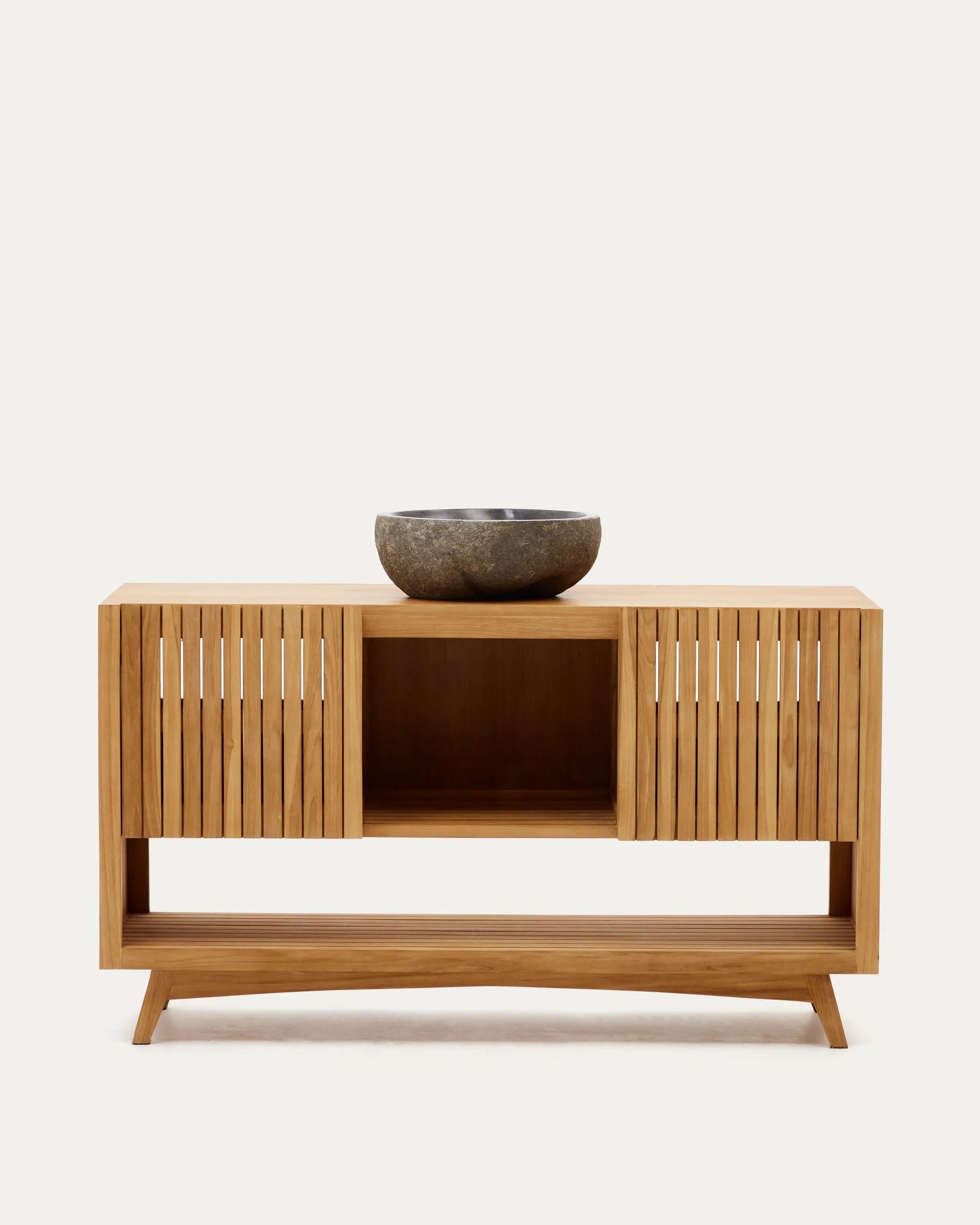 Elegantes Sideboard aus massivem Teakholz, 140x50 cm, mit natürlichem Finish – stilvoller Stauraum für jeden Raum.