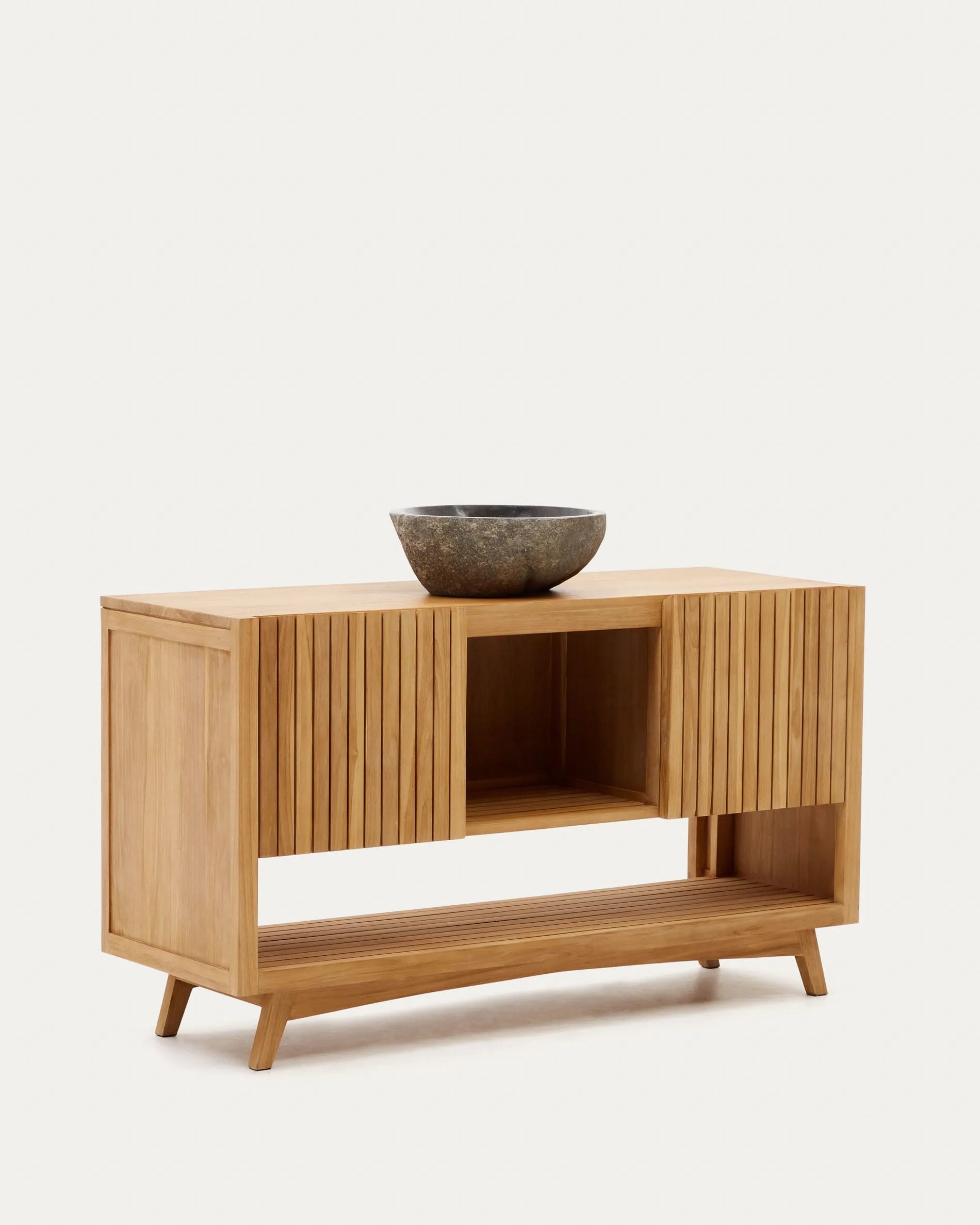 Elegantes Sideboard aus massivem Teakholz, 140x50 cm, mit natürlichem Finish – stilvoller Stauraum für jeden Raum.
